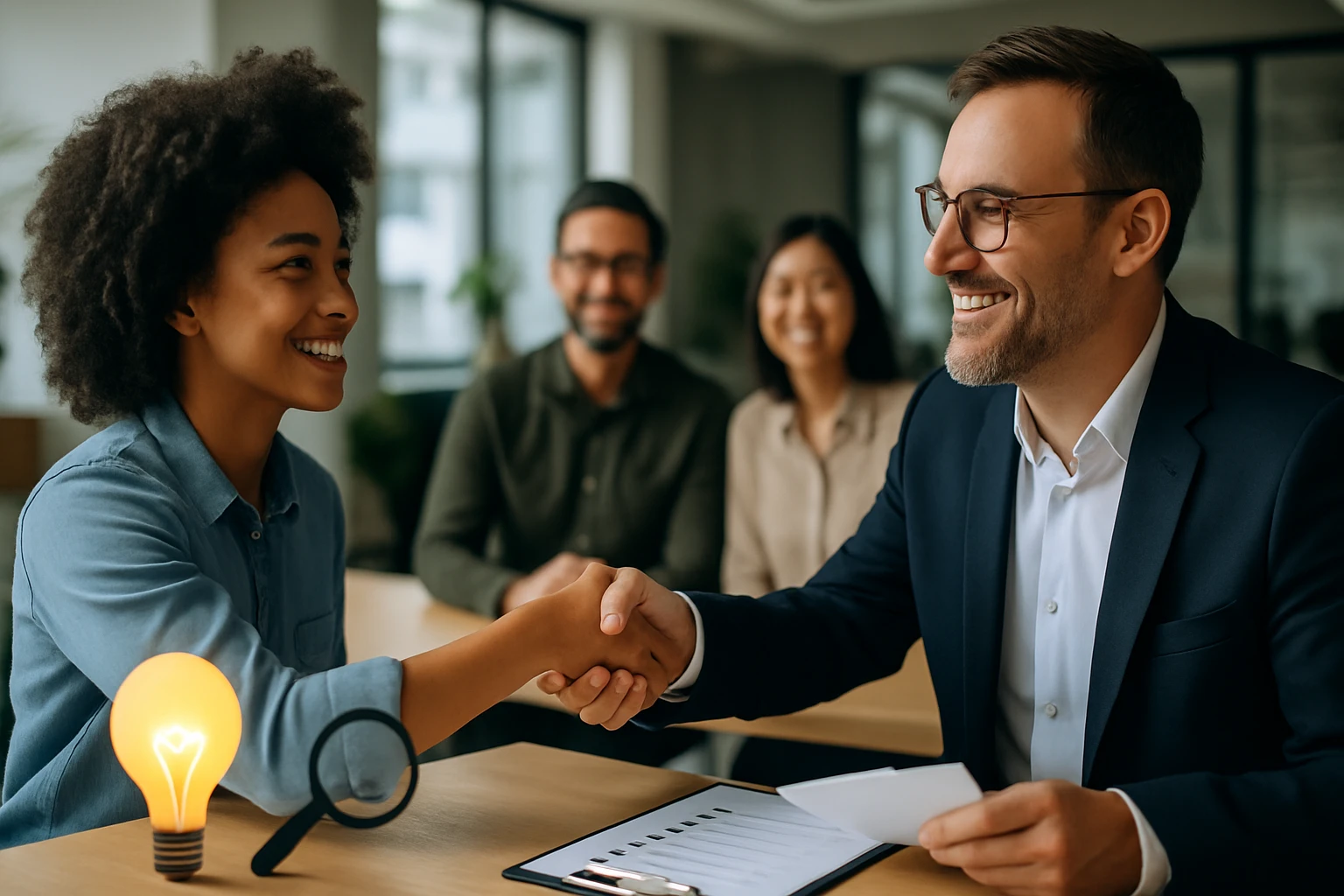 Mladá žena a muž si podávajú ruku pri rokovaní v kancelárii.