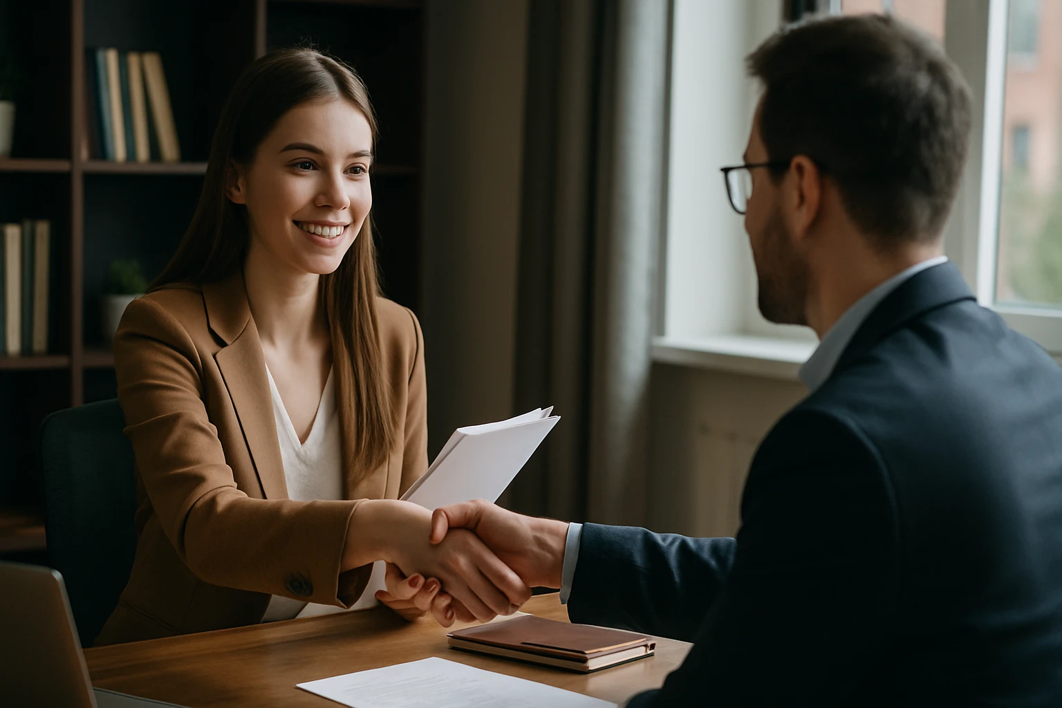 Mladá žena sa usmieva a podáva ruku mužovi pri rokovaní v kancelárii.