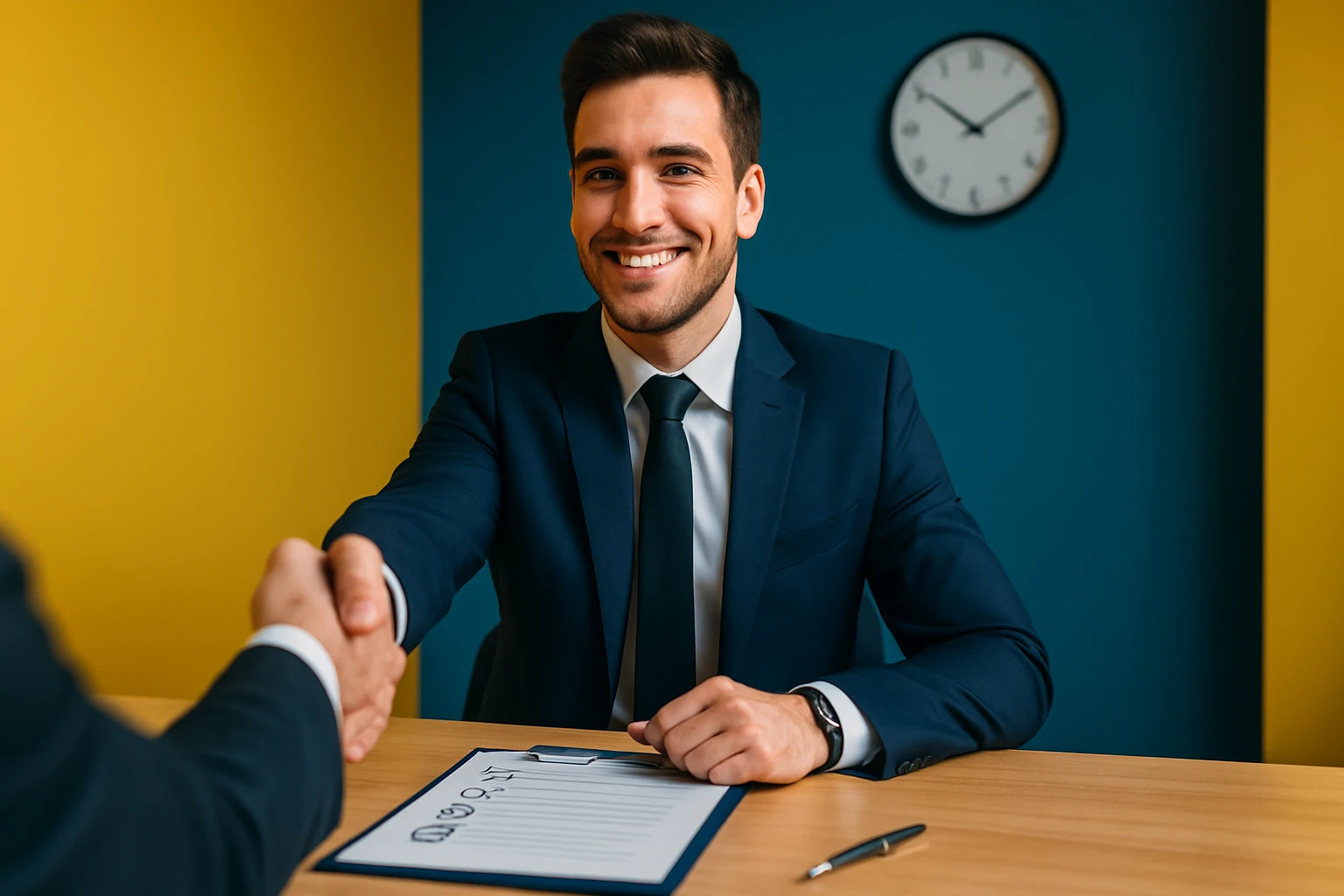 Mladý muž v obleku sa usmieva a podáva ruku pri rokovaní.