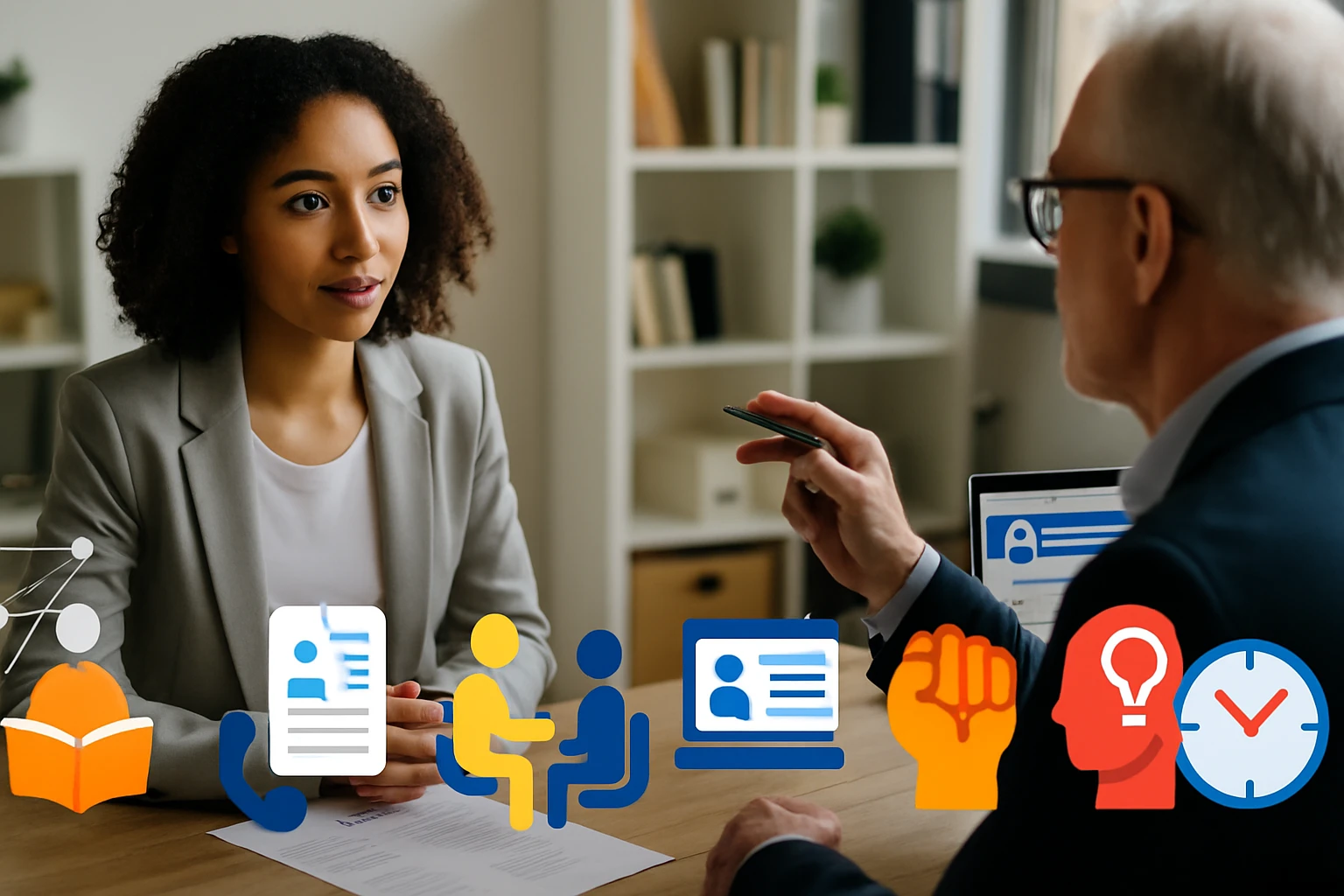 Žena v obleku sedí pri stole a pozorne počúva muža, ktorý hovorí.