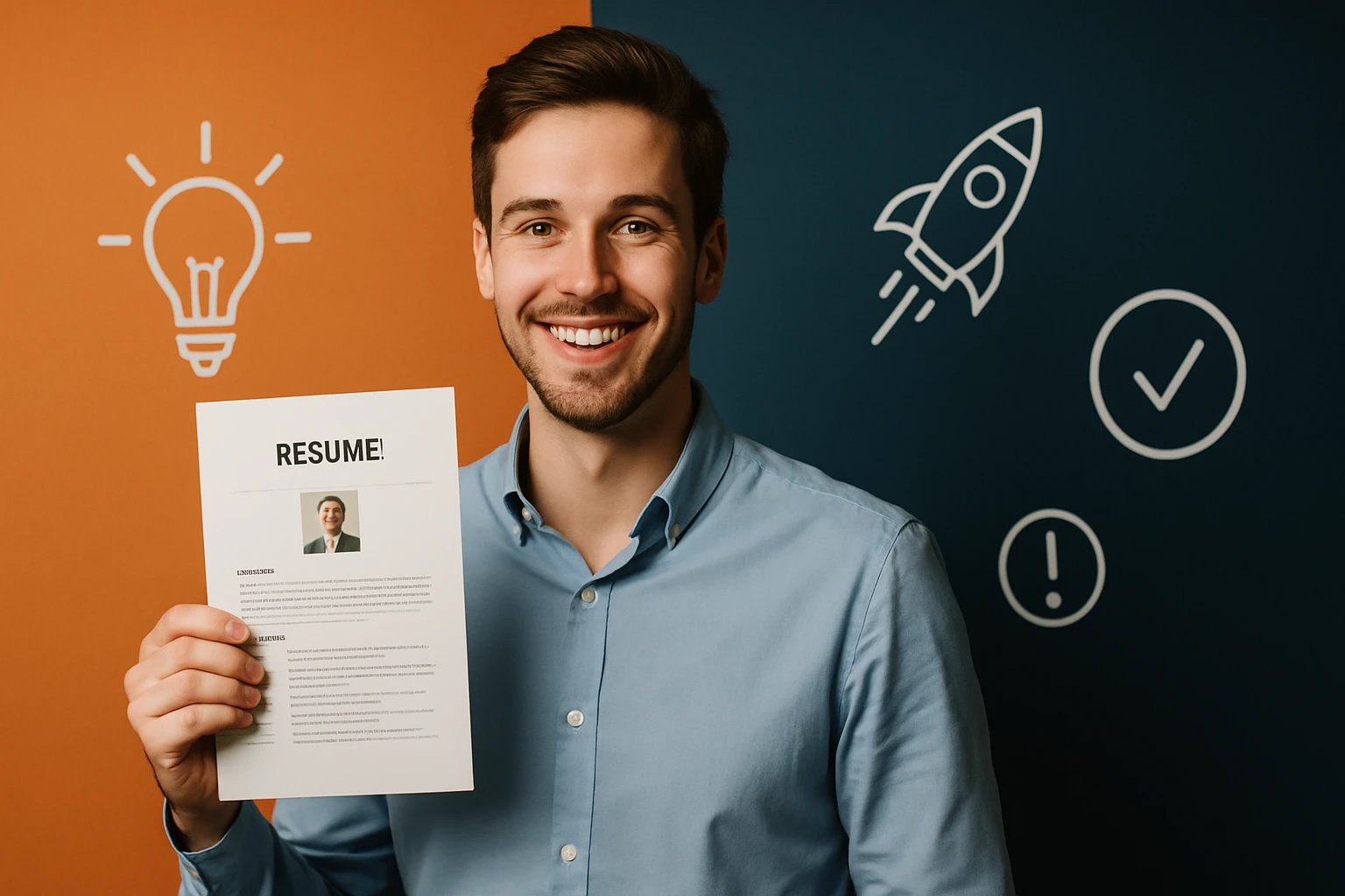 Mladý muž sa usmieva a drží svoj životopis pred farebným pozadím.