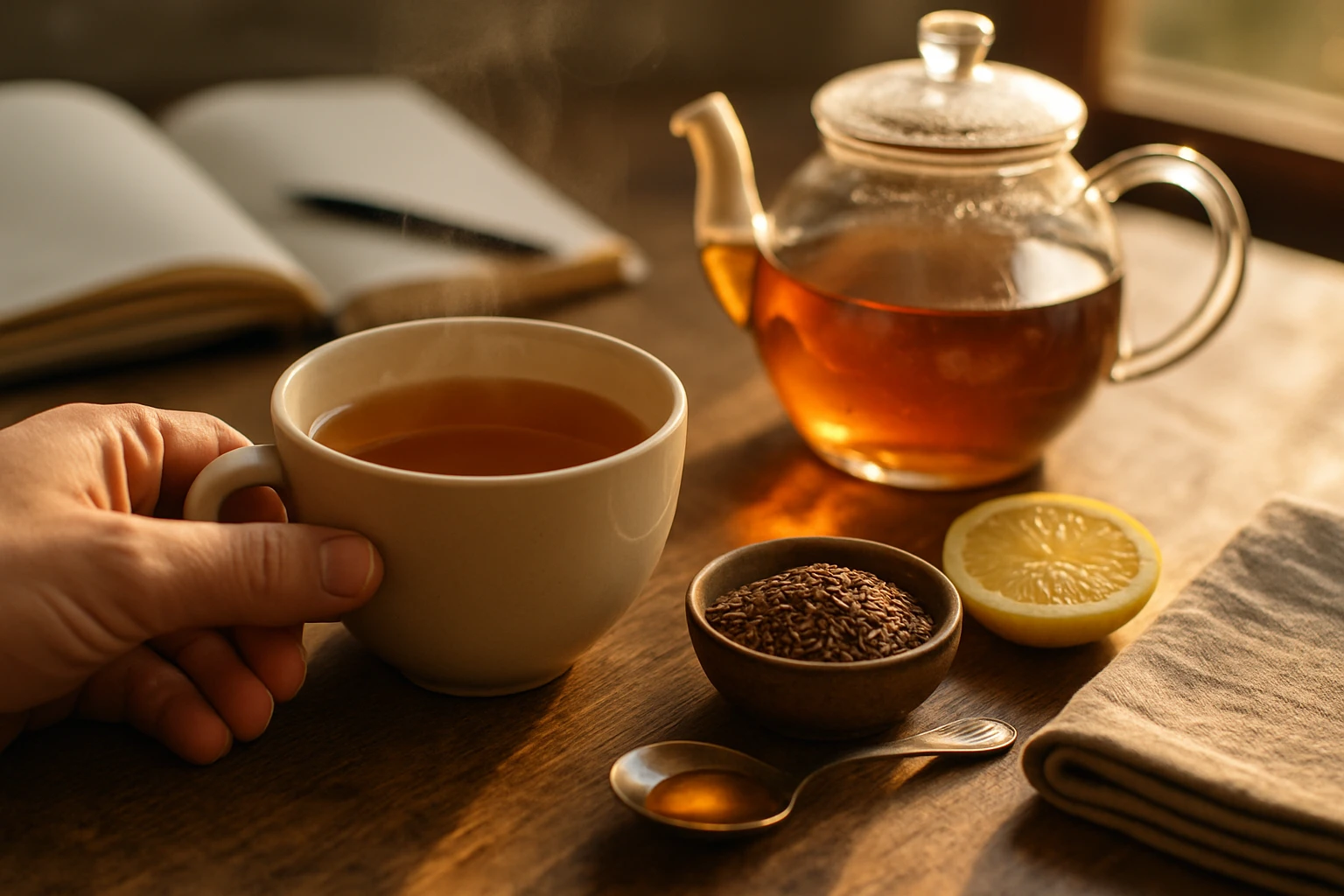 Ručne držený šálok čaju s parou, vedľa je čajník a citrón.