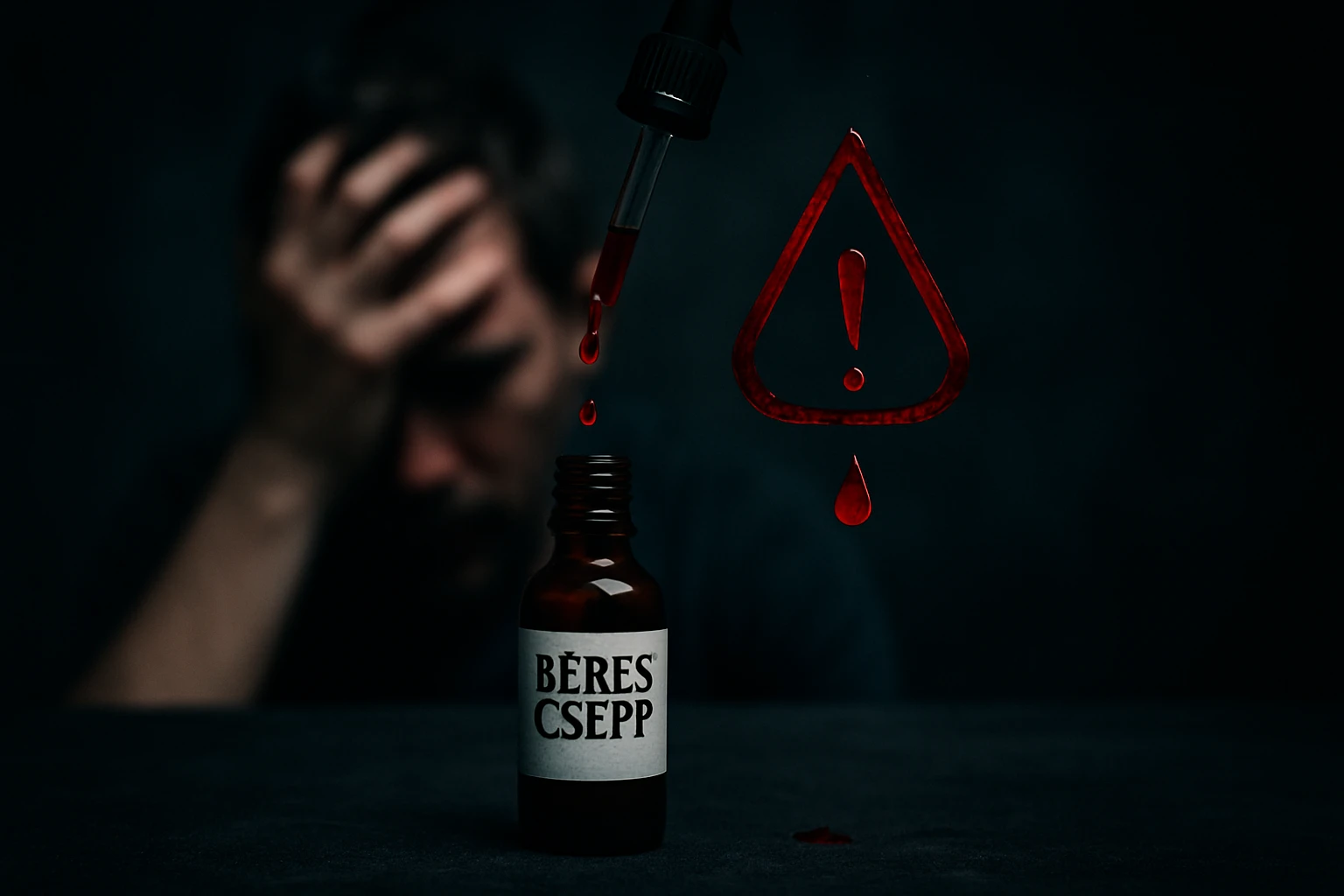 Fľaša s červeným kvapkom a varovným symbolom, pozadie s rozrušeným mužom.