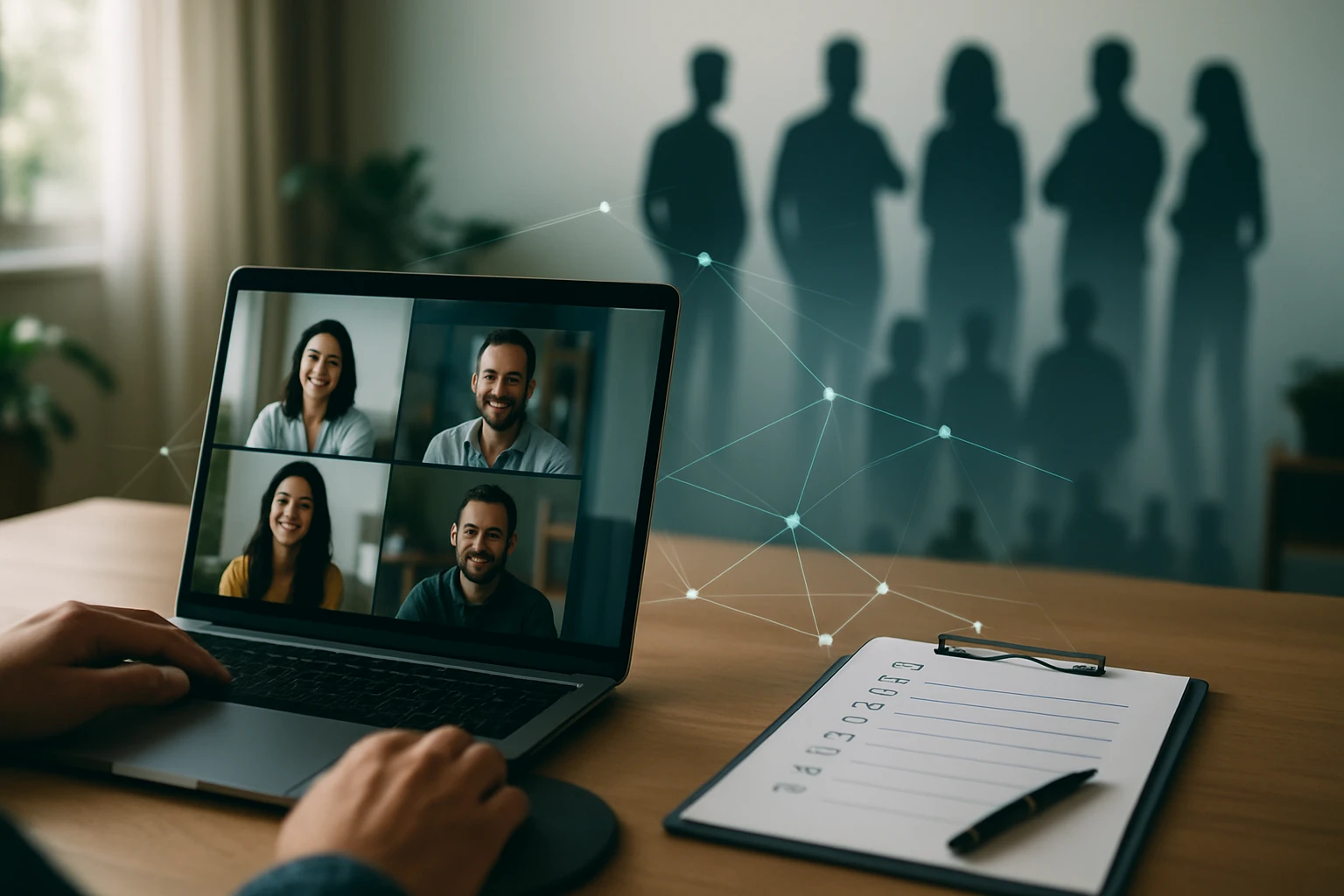 Osoba sedí pri stole a sleduje videohovor na laptopu s viacerými účastníkmi.