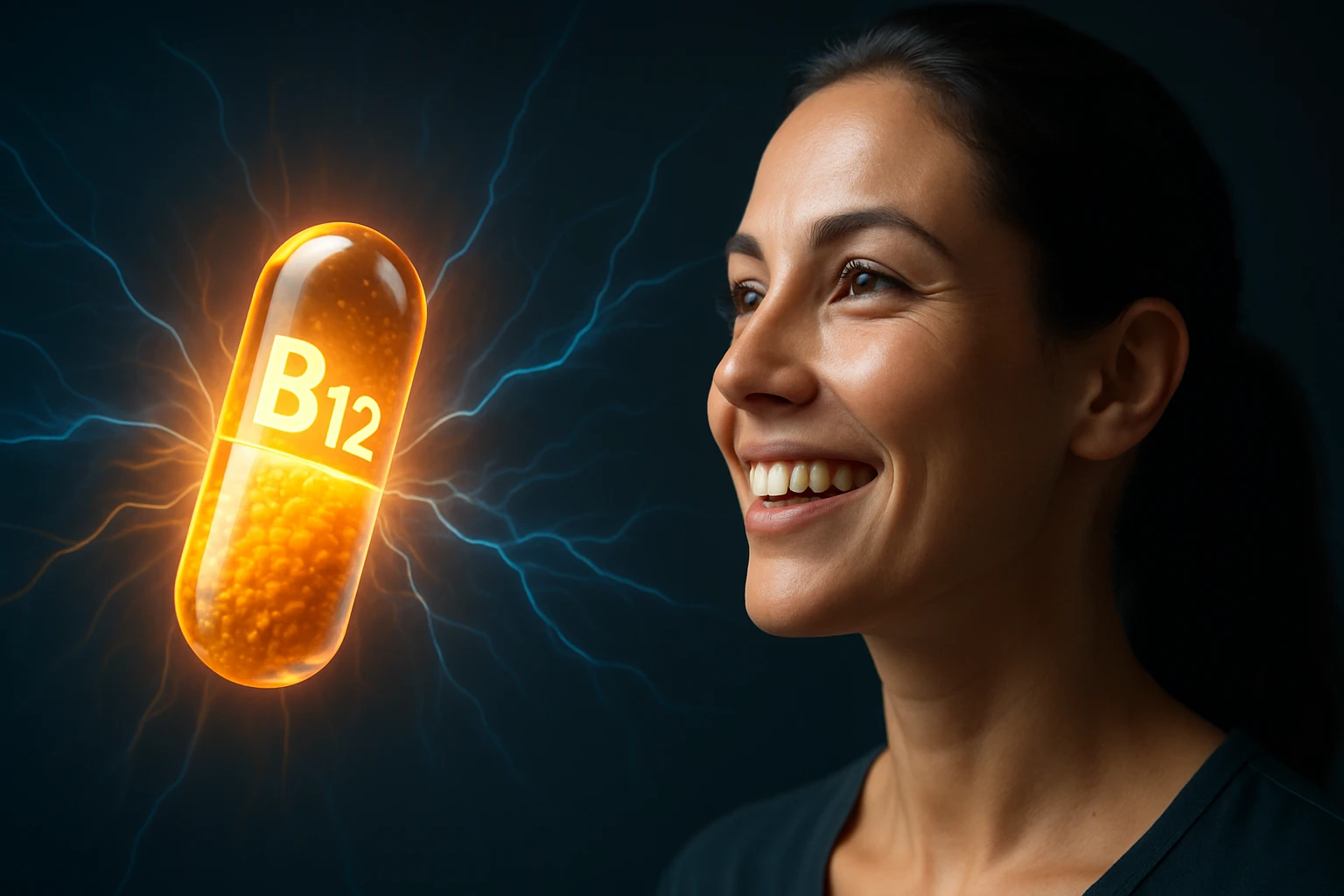 Žena sa usmevom sleduje kapsulu vitamínu B12, ktorá vyžaruje energiu.