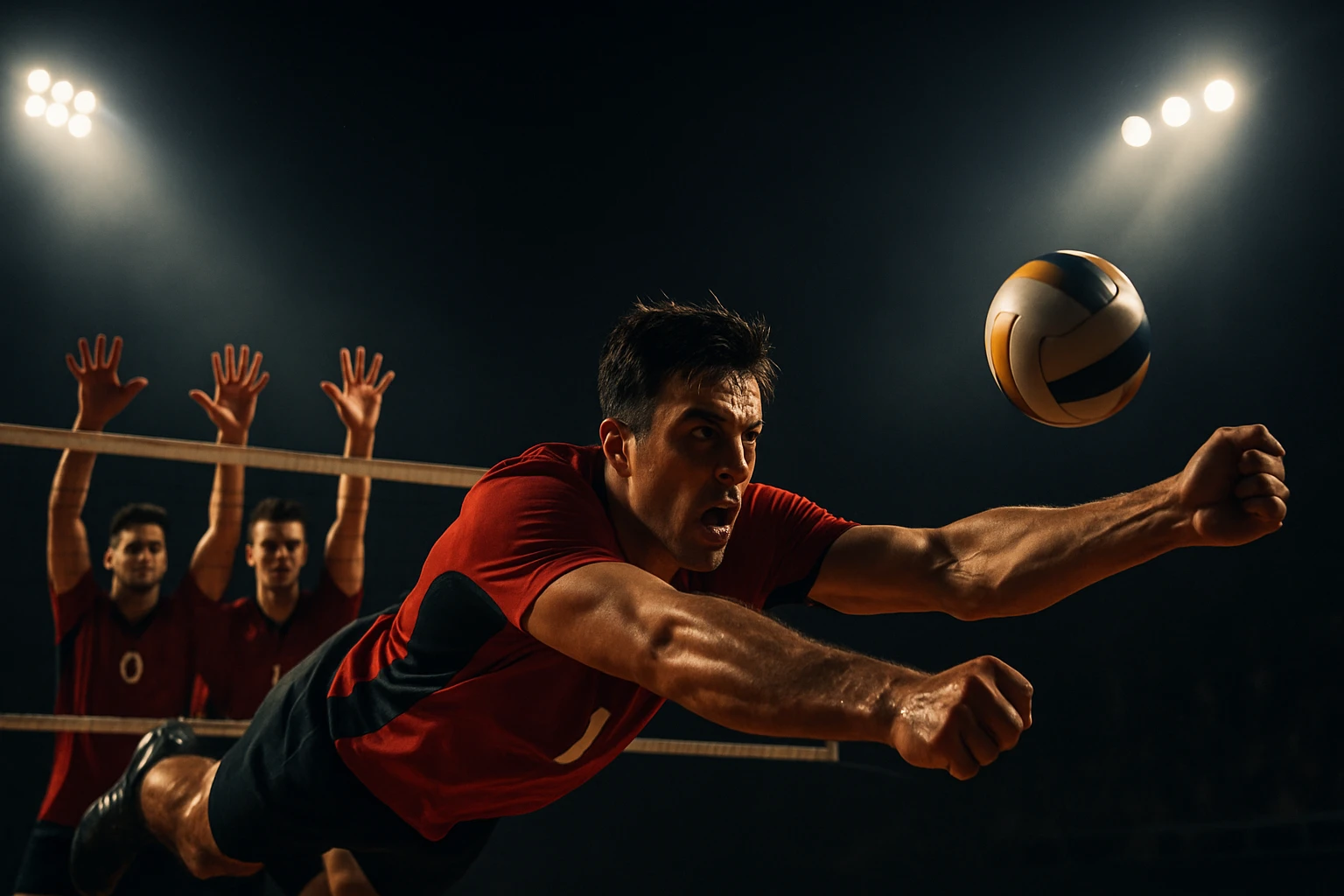 Hráč volejbalu skáče a snaží sa zasiahnuť loptu v akcii.