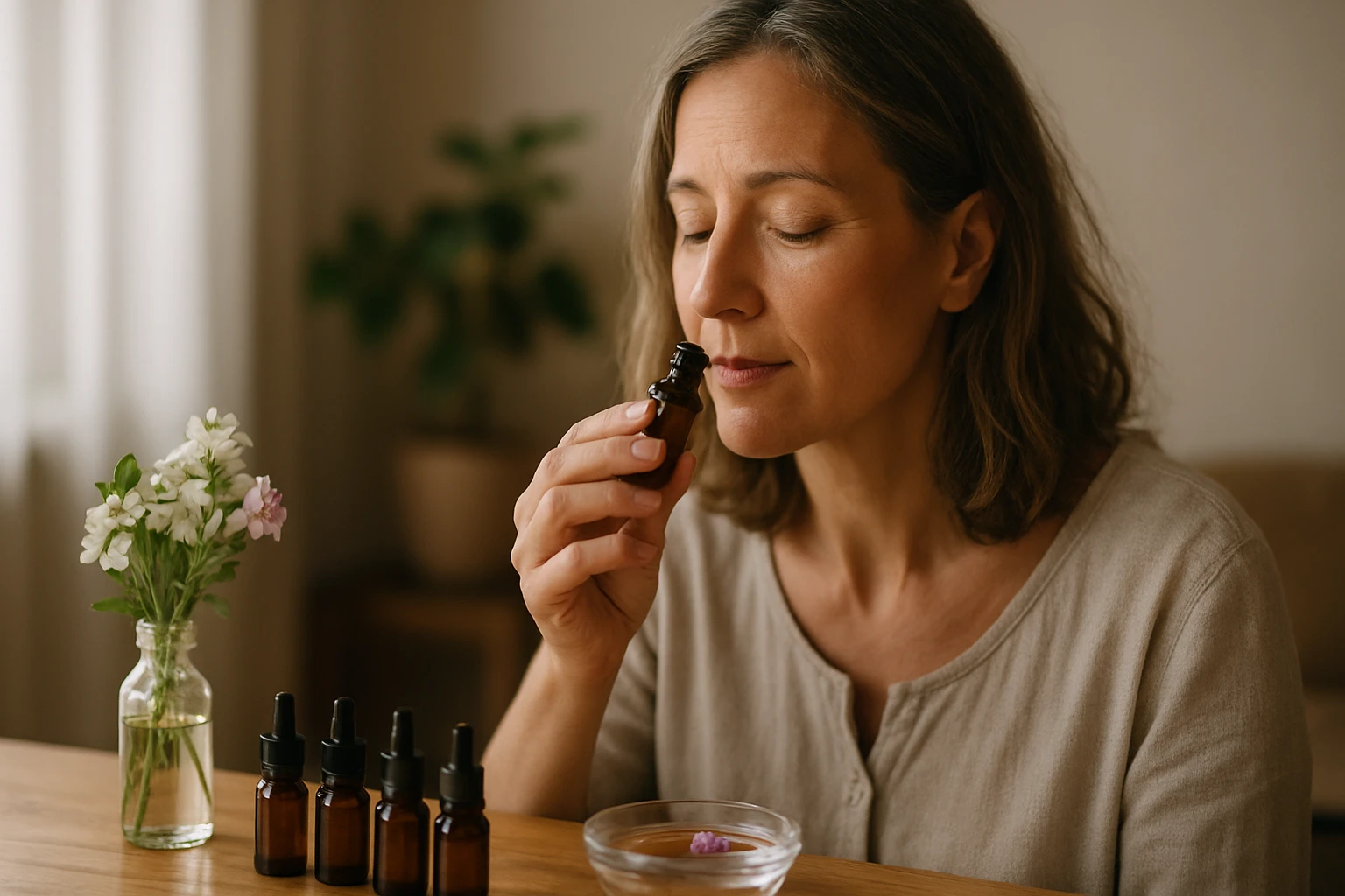 Žena s krátkymi hnedými vlasmi cíti vôňu esenciálneho oleja z tmavej fľaštičky.