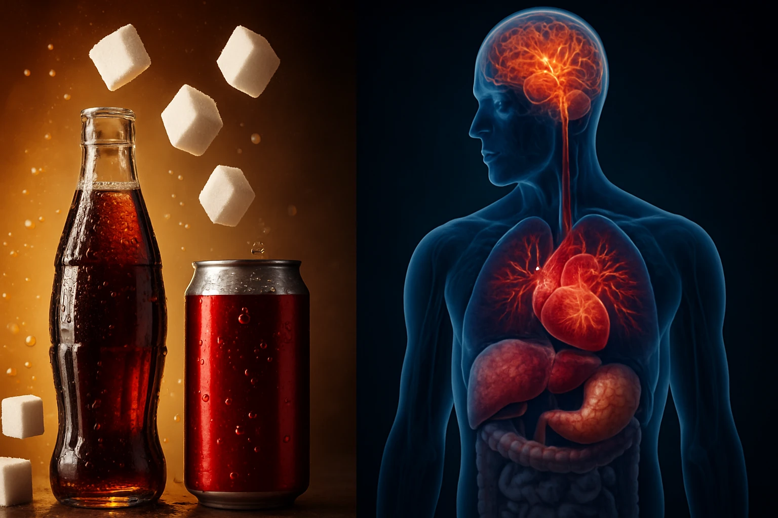 Fľaša a plechovka sýteného nápoja s cukrom padajúcim nad nimi.