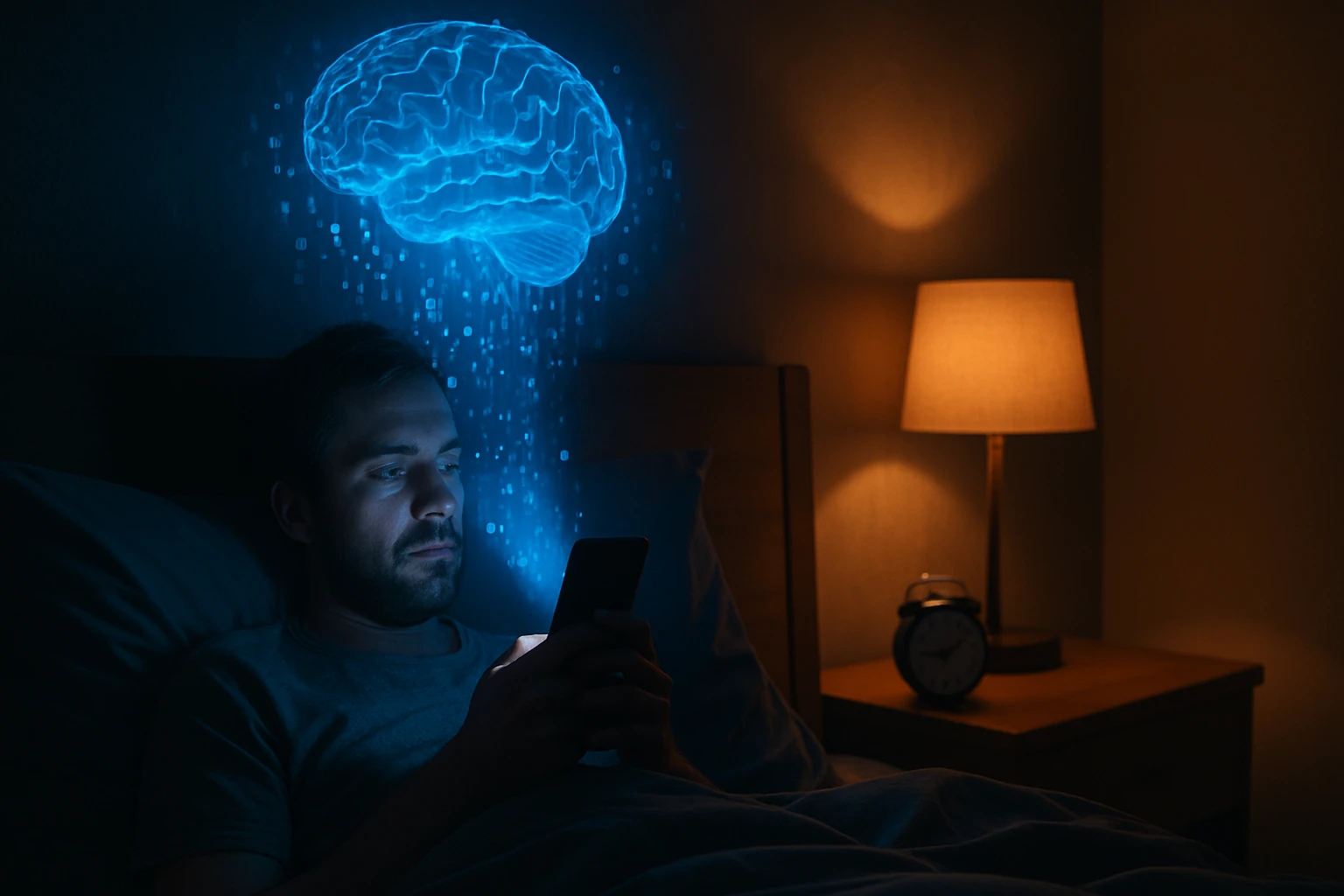 Muž leží v posteli a sleduje mobil, nad ním je zobrazený modrý mozog.