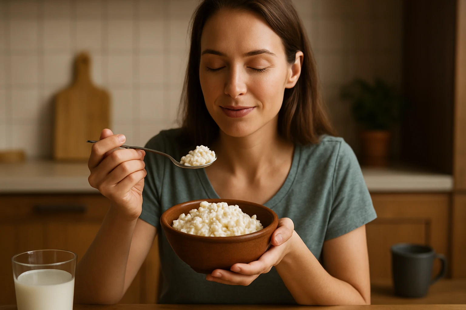 Žena si vychutnáva tvaroh z hlinenej misy, s úsmevom a zatvorenými očami.