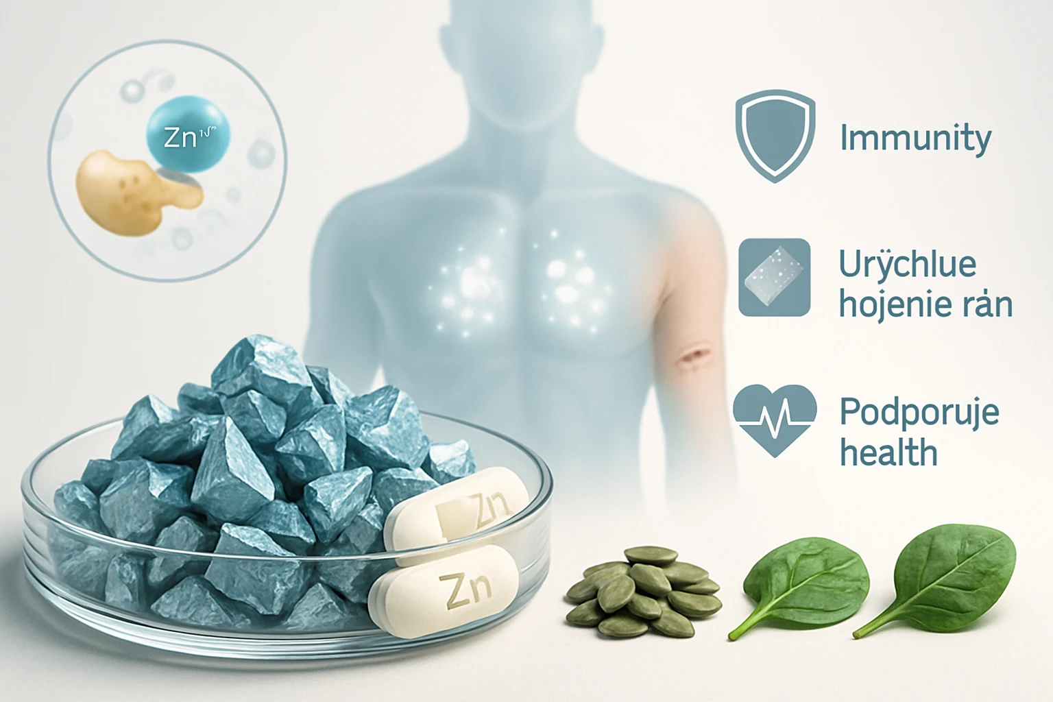 Modré minerály a doplnky zinku na pozadí siluety človeka.