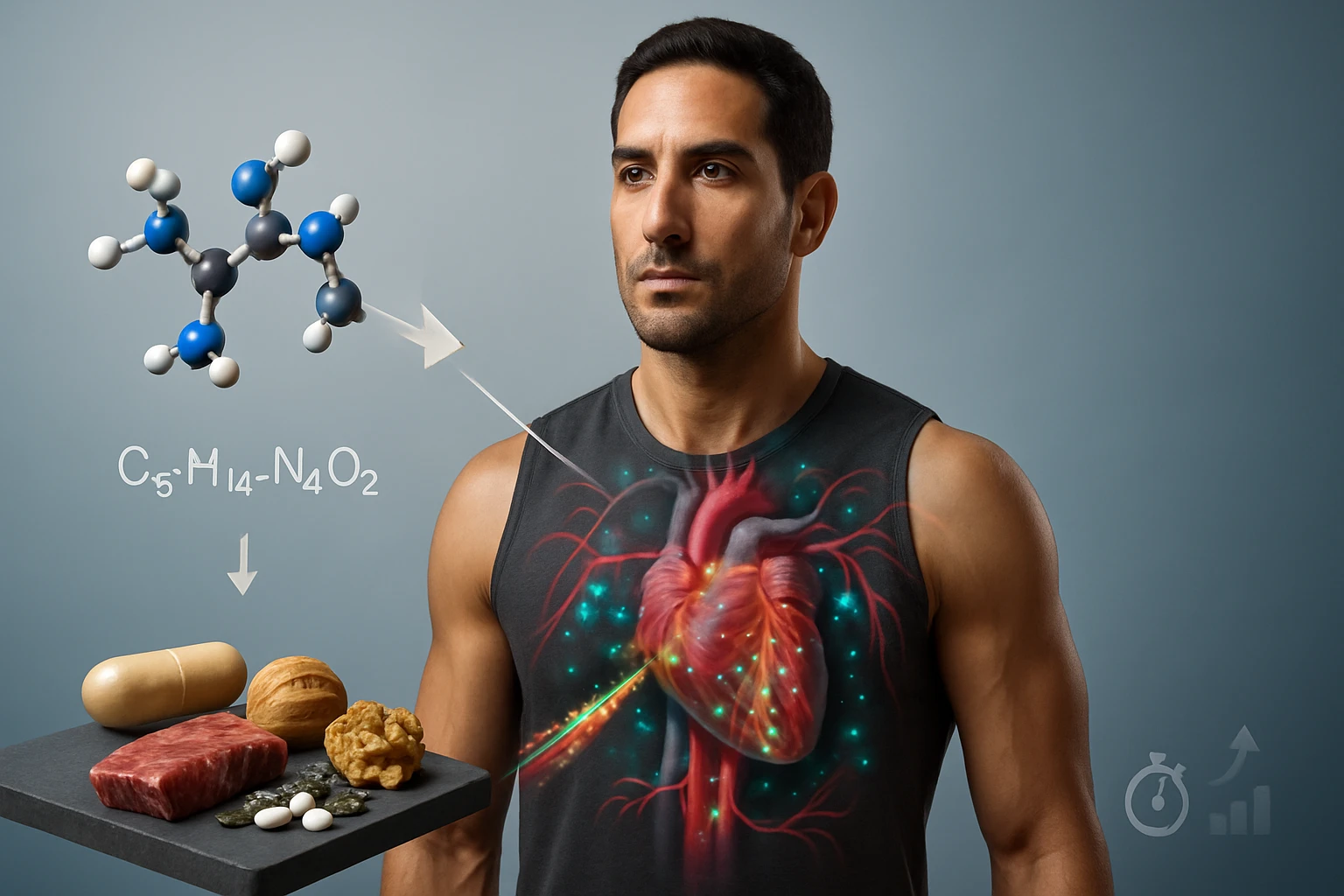Muž s anatomickým zobrazením srdca a molekulou nad ním, vedľa jedla.