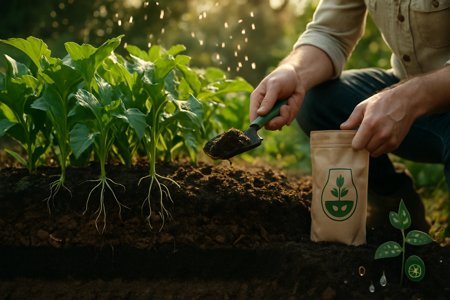 Muž s lopatkou zasypáva pôdu okolo mladých rastlín v záhrade.