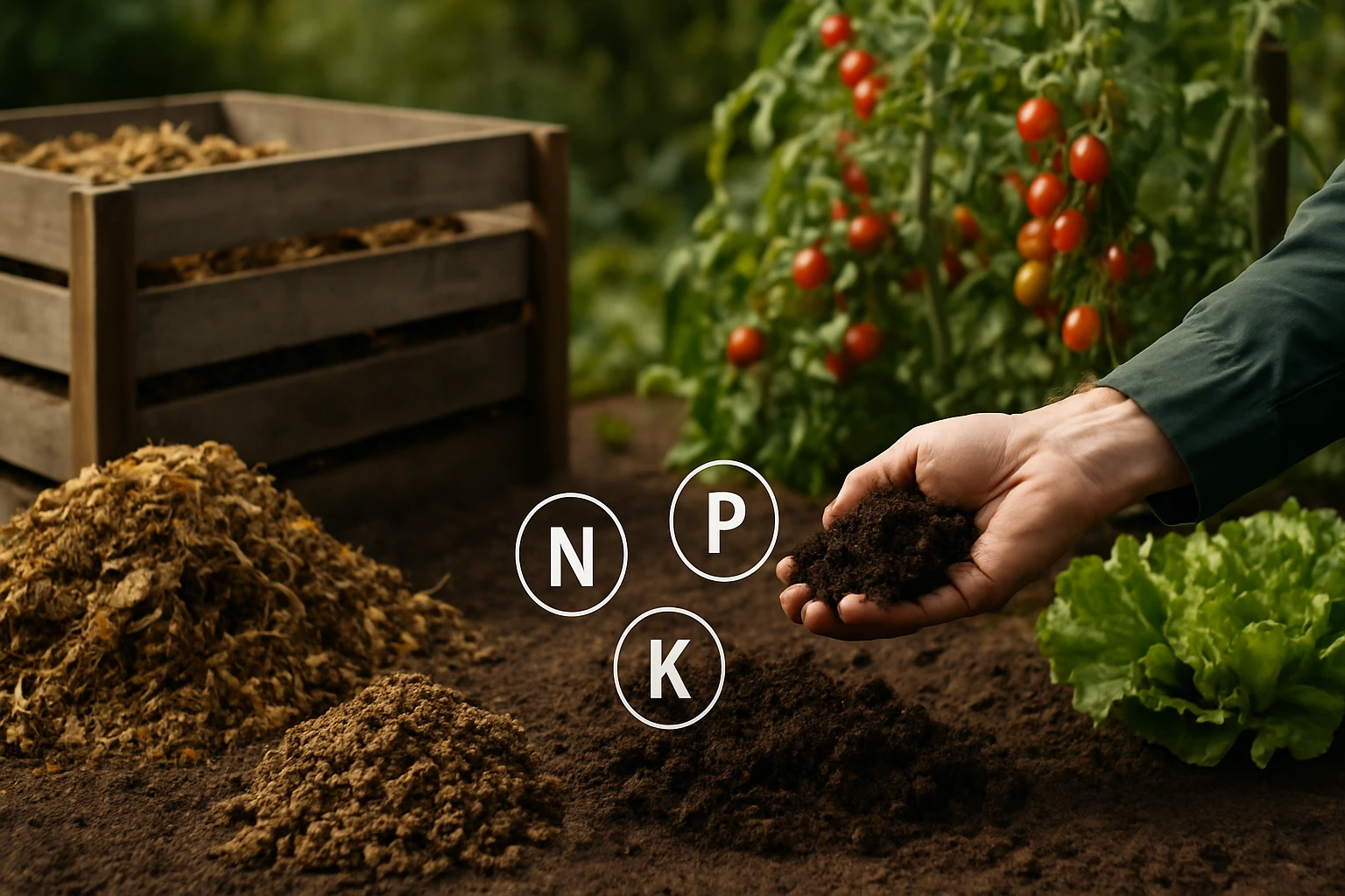 Ruka drží pôdu s označením živín N, P, K, v pozadí paradajky a šalát.