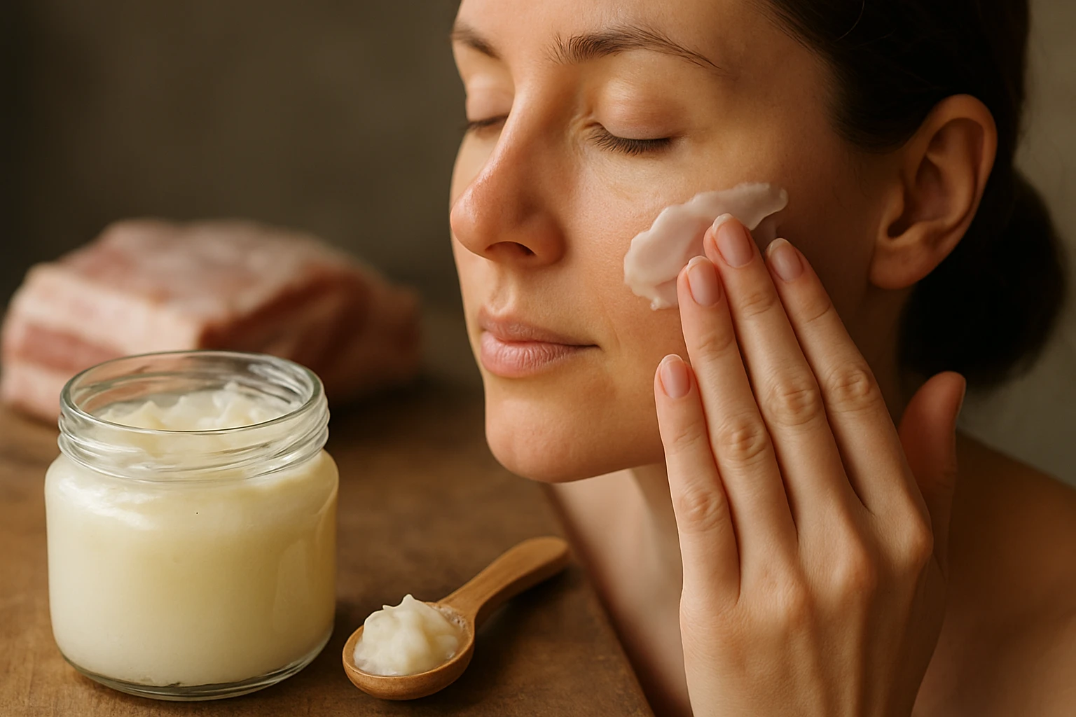Žena nanáša bravčovú masť na pleť pre jej zázračné účinky.