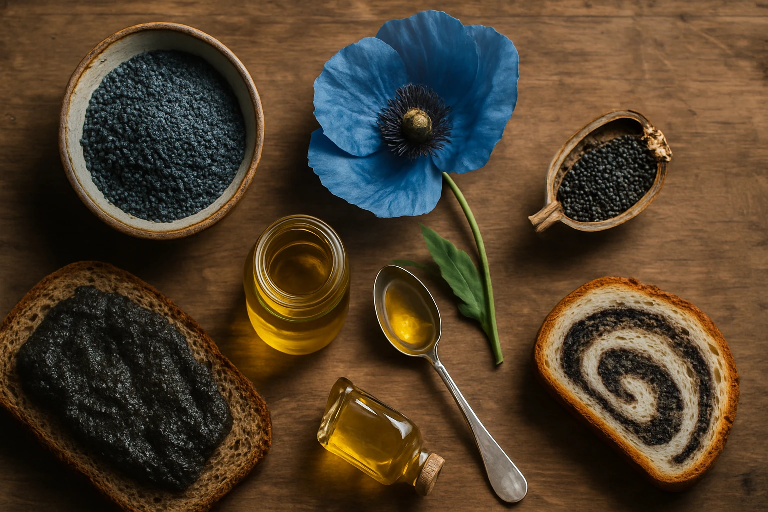 Na drevenom stole sú rôzne potraviny, vrátane chleba s makom a modrej makovej kvetiny.