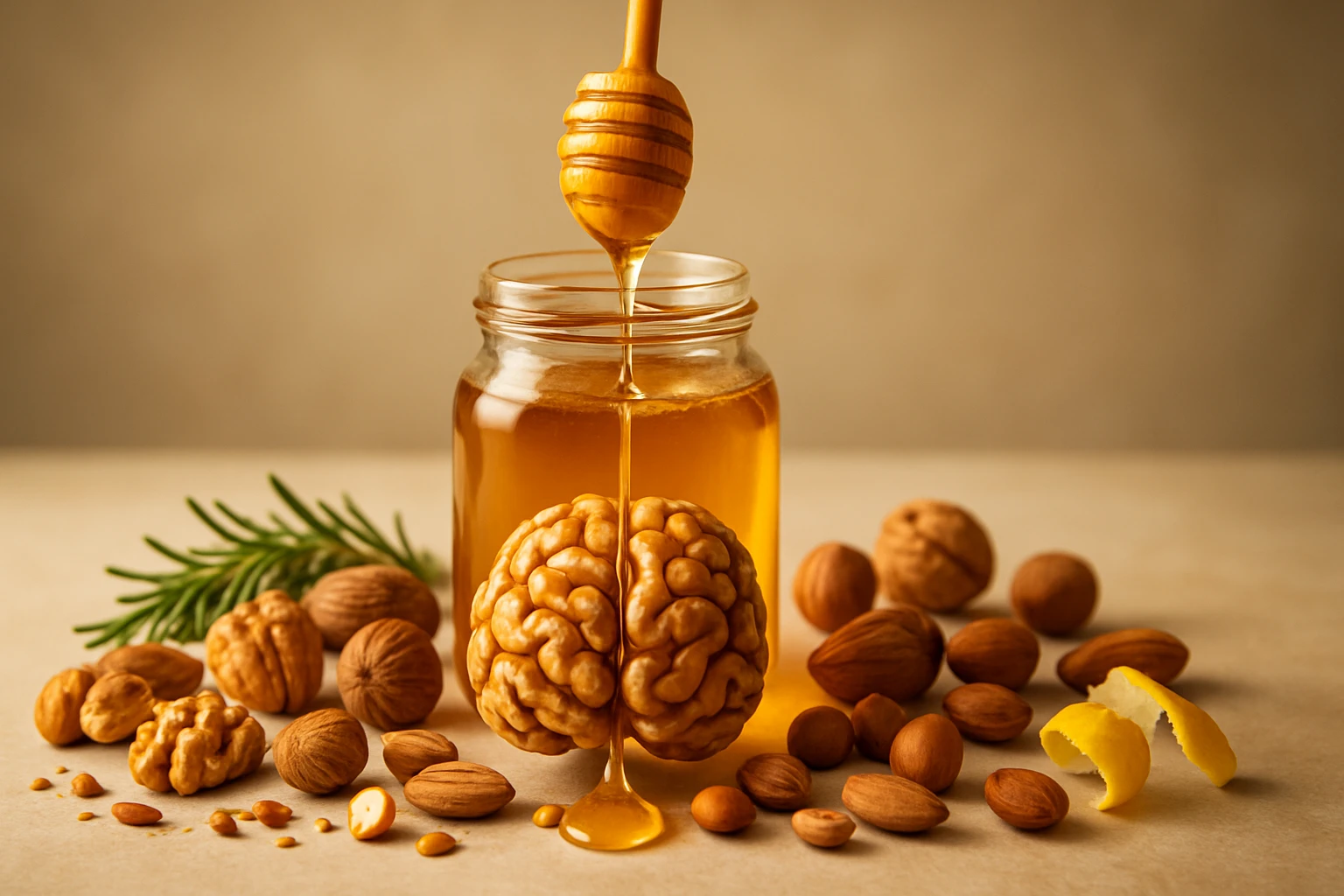 Sklenená nádoba s medom, vedľa orechy a citrónová kôra, tvar mozgu.