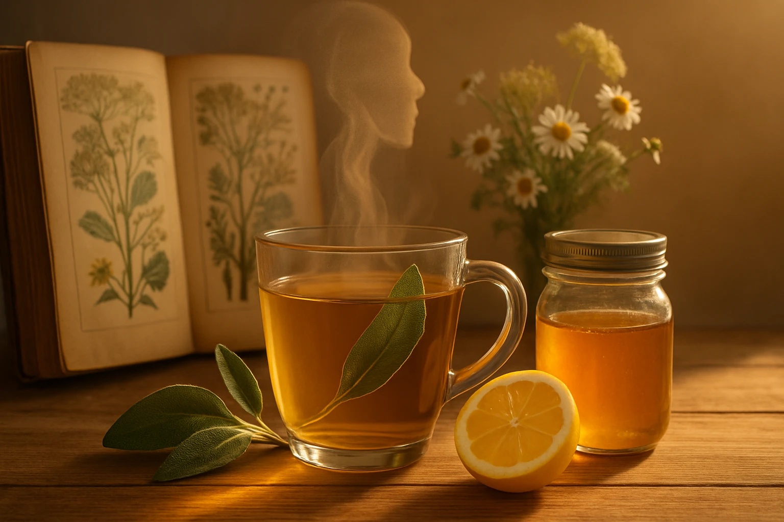 Pohár horúceho čaju s lístkom šalvie, vedľa citrón a med v sklenenej nádobe.