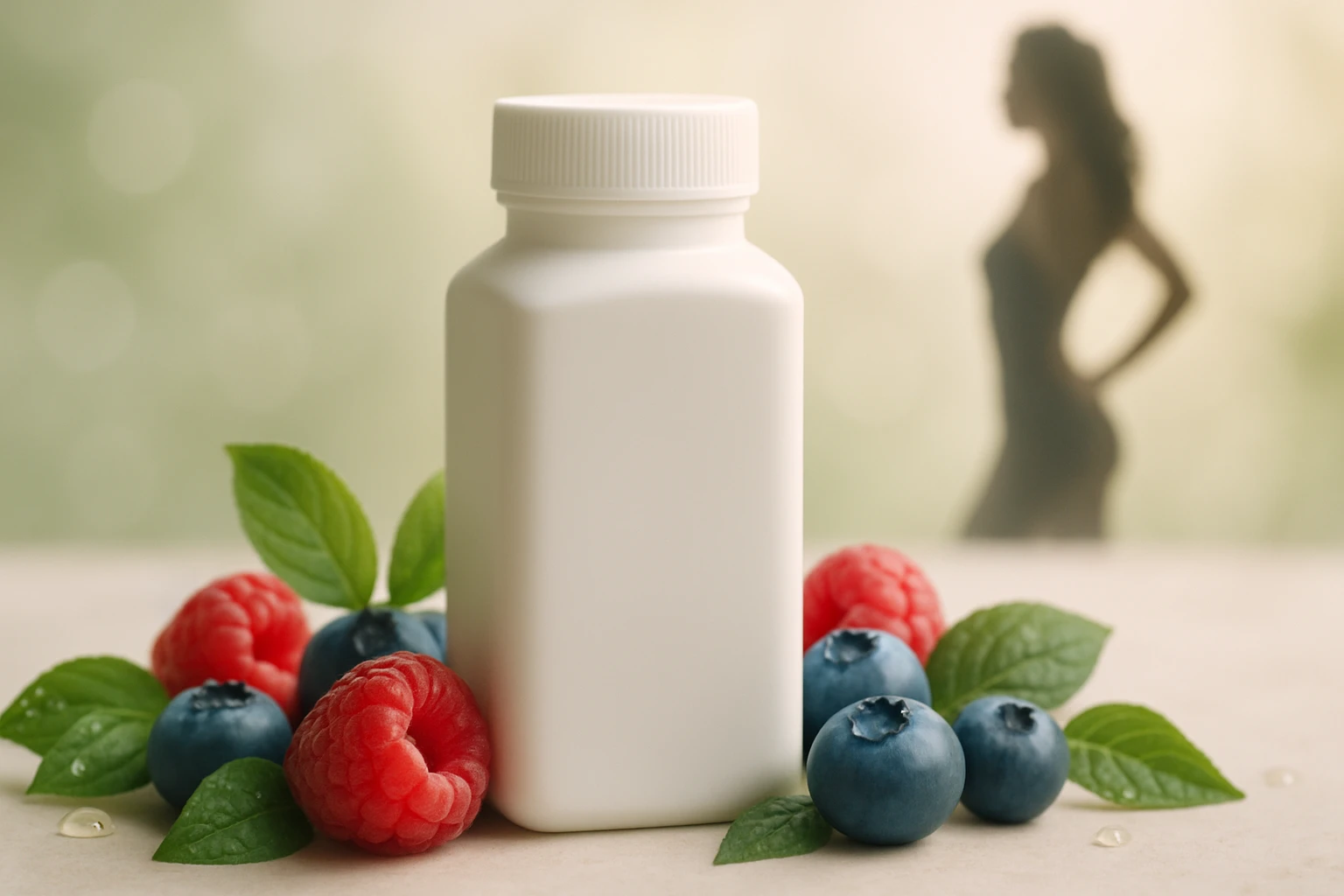 Biely plastový obal s malinami a čučoriedkami na stole.