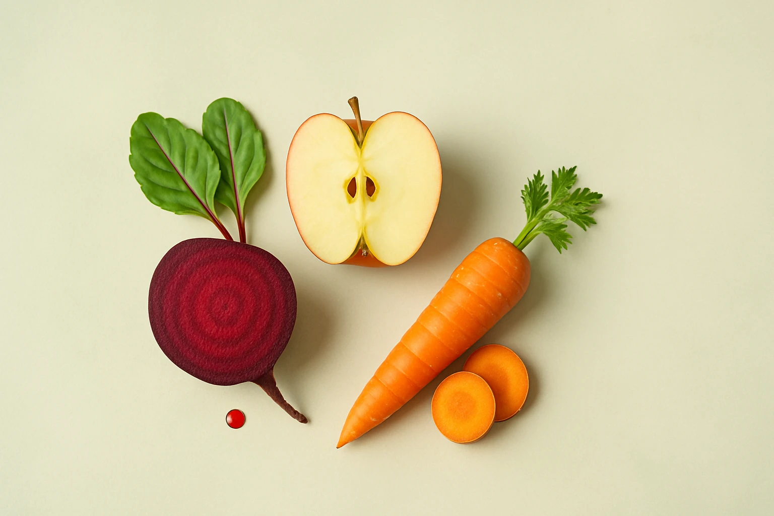 Čerstvá zelenina a ovocie, vrátane repy, jablka a mrkvy na svetlom pozadí.
