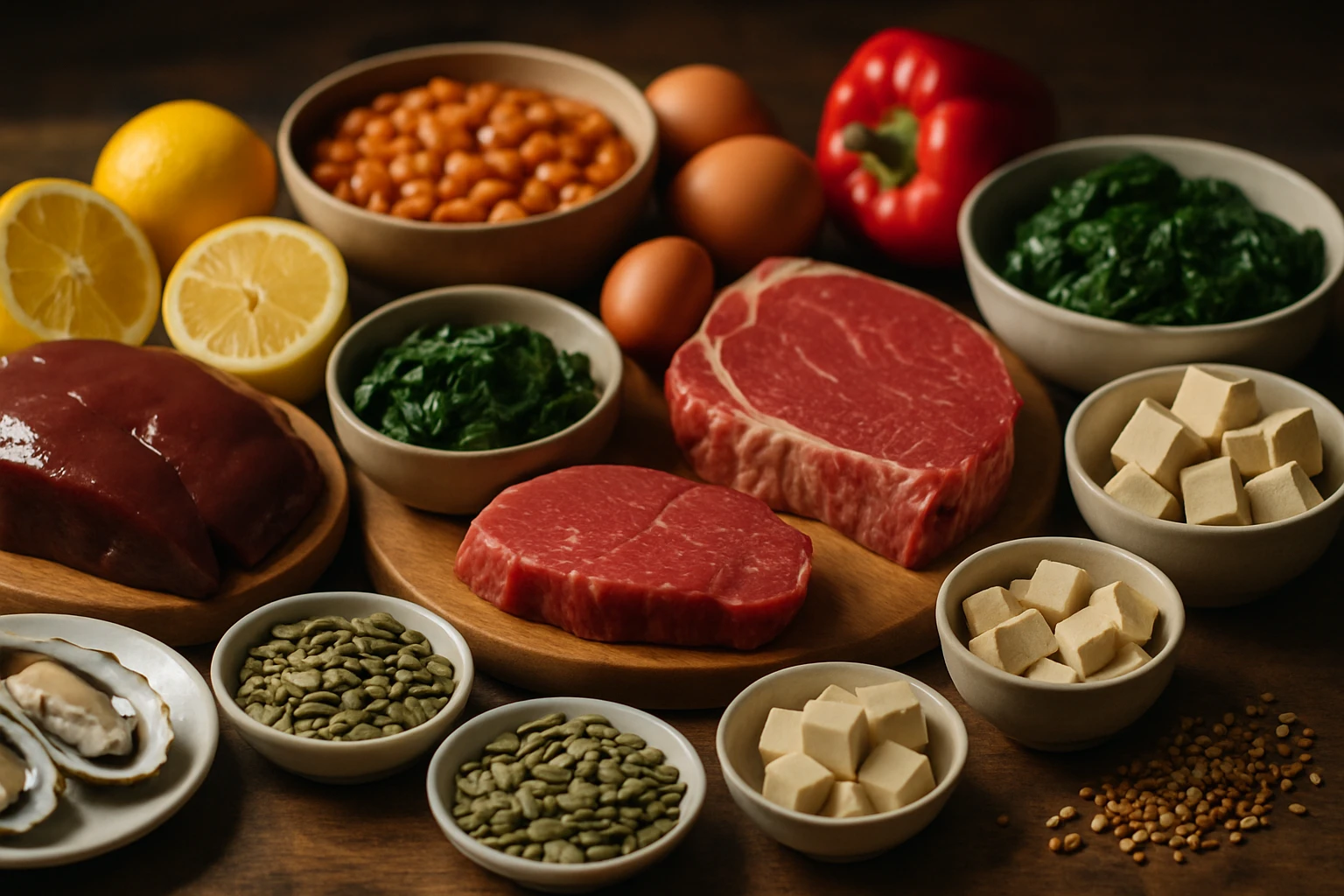 Rôzne potraviny vrátane mäsa, zeleniny, vajec a orechov na drevenom stole.