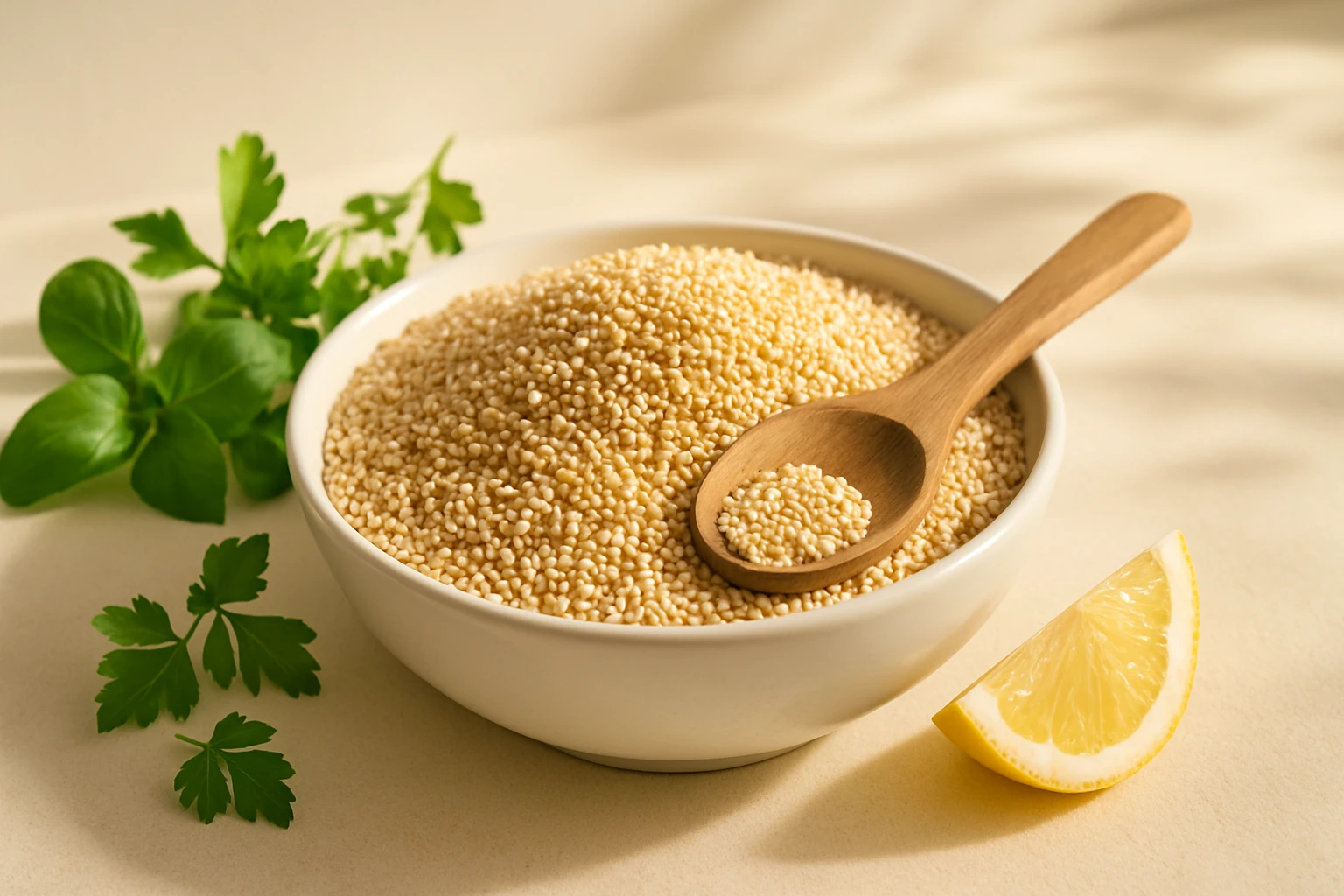 Miska plná quinoa semienok s drevenou lyžicou a citrónom.