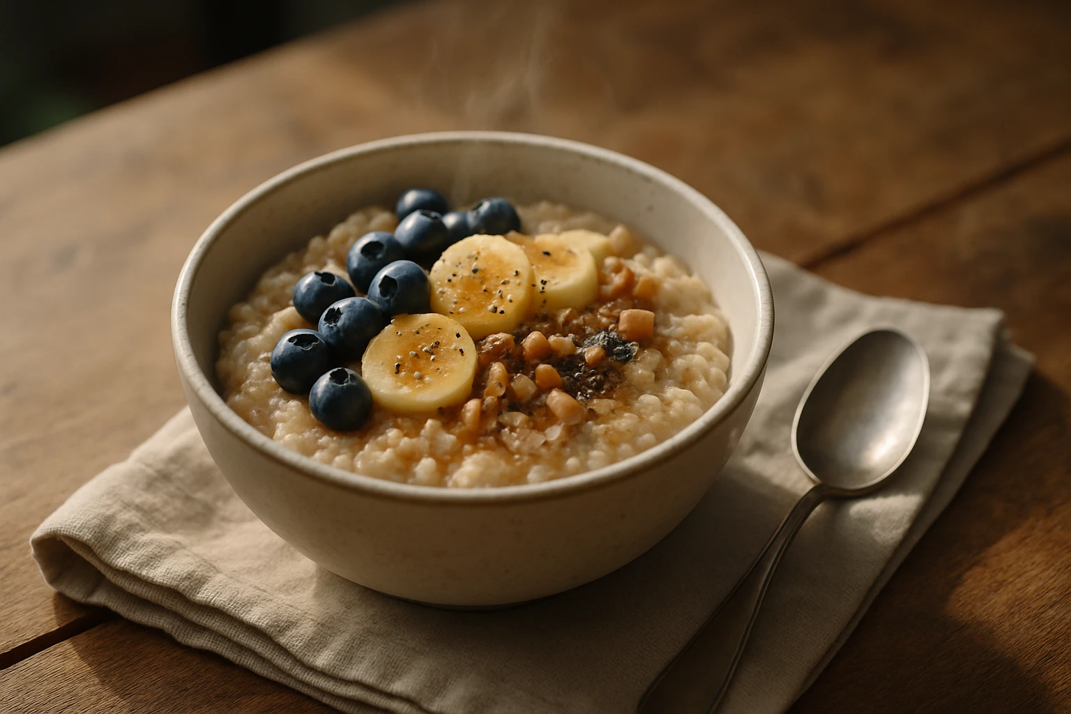 Miska ovsených vločiek s banánom, čučoriedkami a orechmi na drevenom stole.