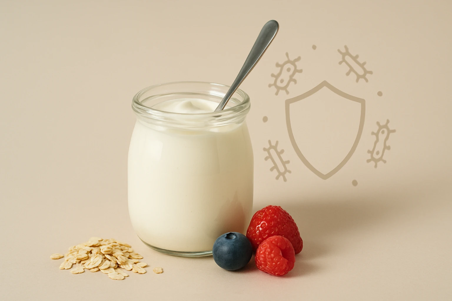 Sklenená nádoba s jogurtom, vedľa ovsené vločky a bobuľové ovocie.