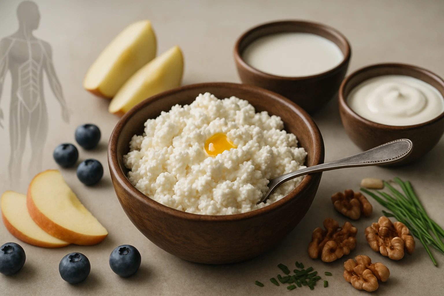 Miska s tvarohom, žĺtkom, jablkami, čučoriedkami a orechmi.