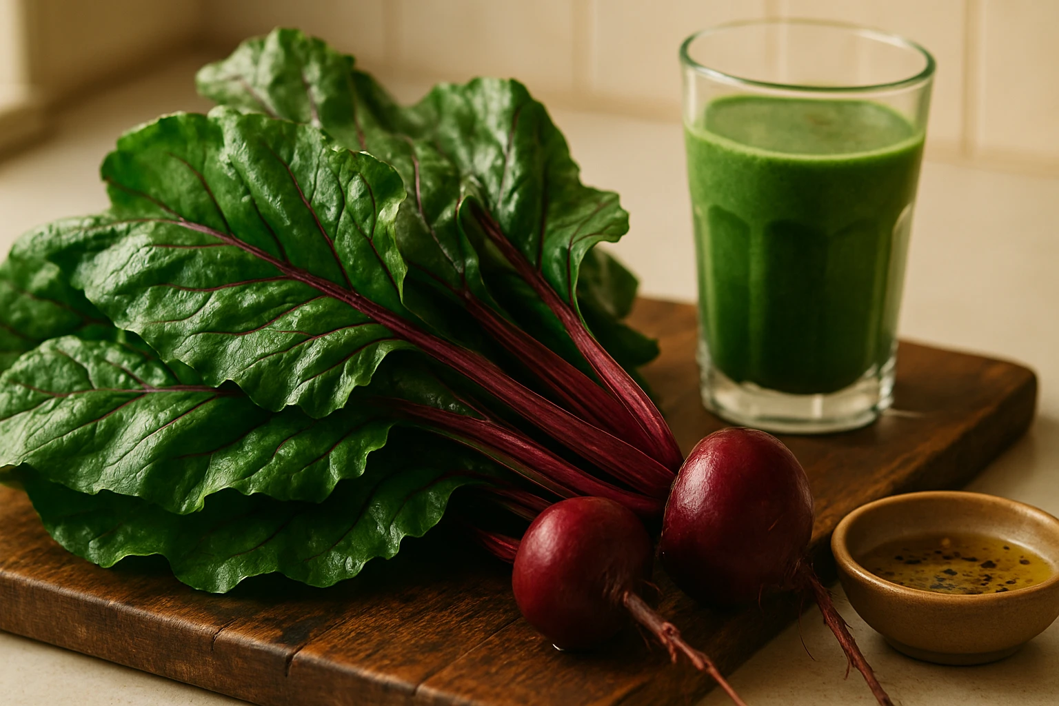 Čerstvé listy mangoldu a červená repa na drevenej doske s pohárom zeleného smoothie.