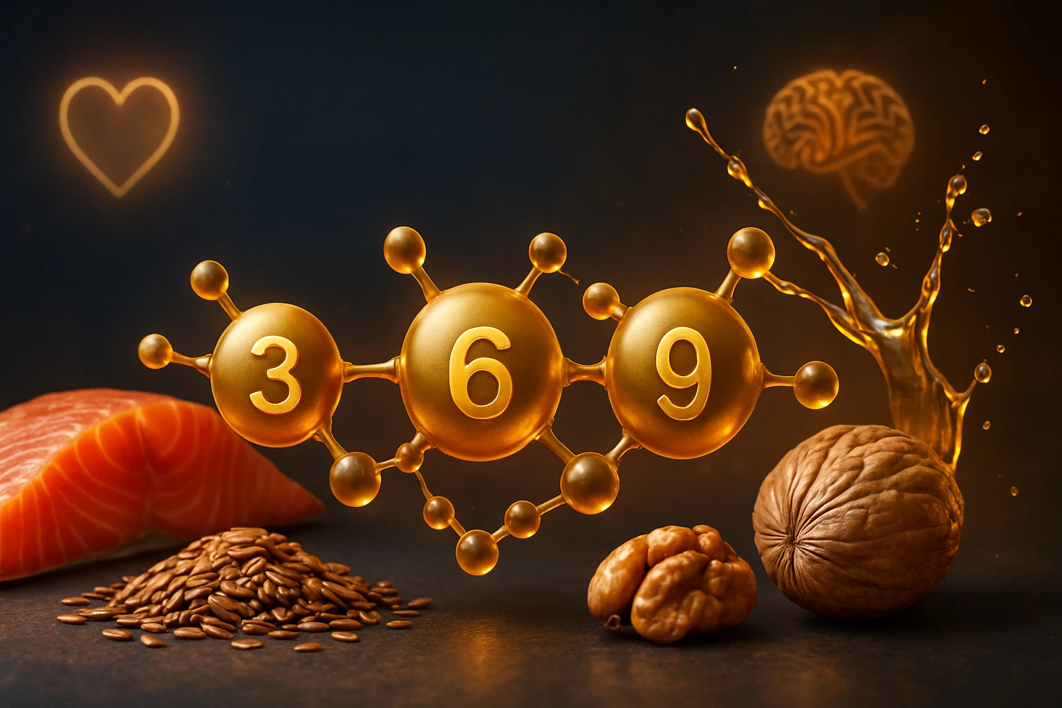 Molekuly omega-3, omega-6 a omega-9 zlaté farby s rybou a orechmi.