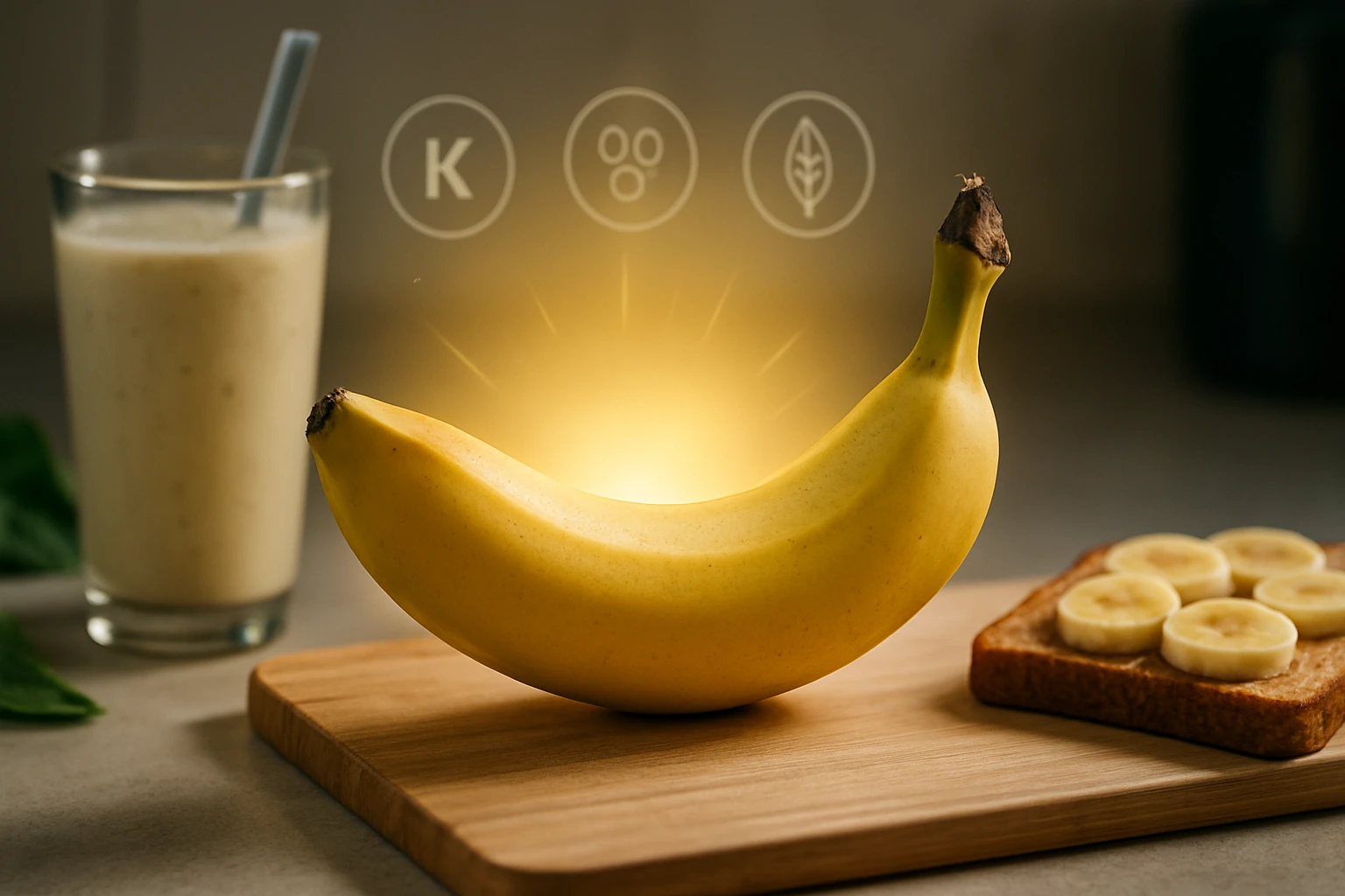 Žltý banán na drevenej doske vedľa pohára smoothie a toastu s banánom.