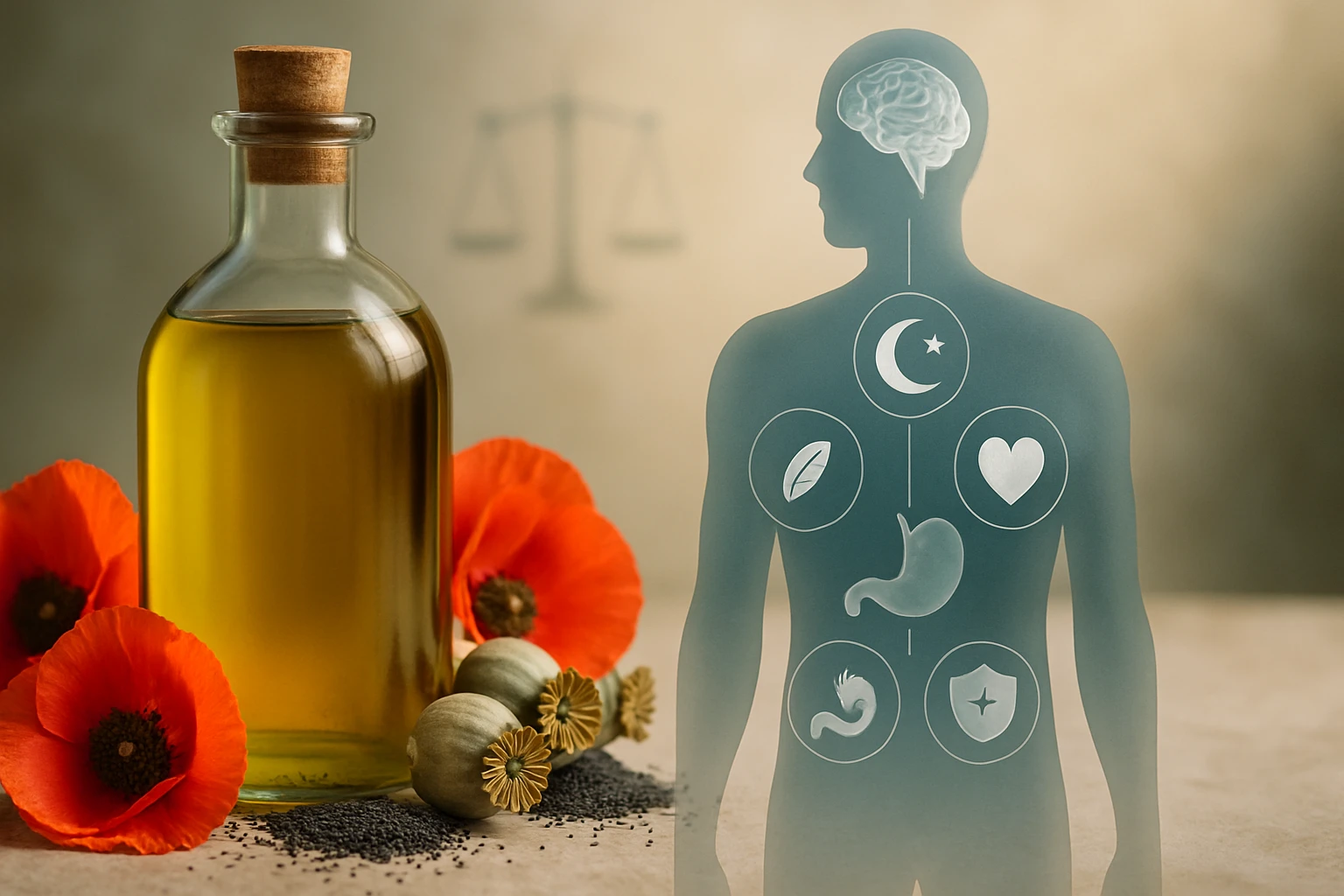 Fľaša oleja s makovými kvetmi a symbolmi zdravia na siluete človeka.