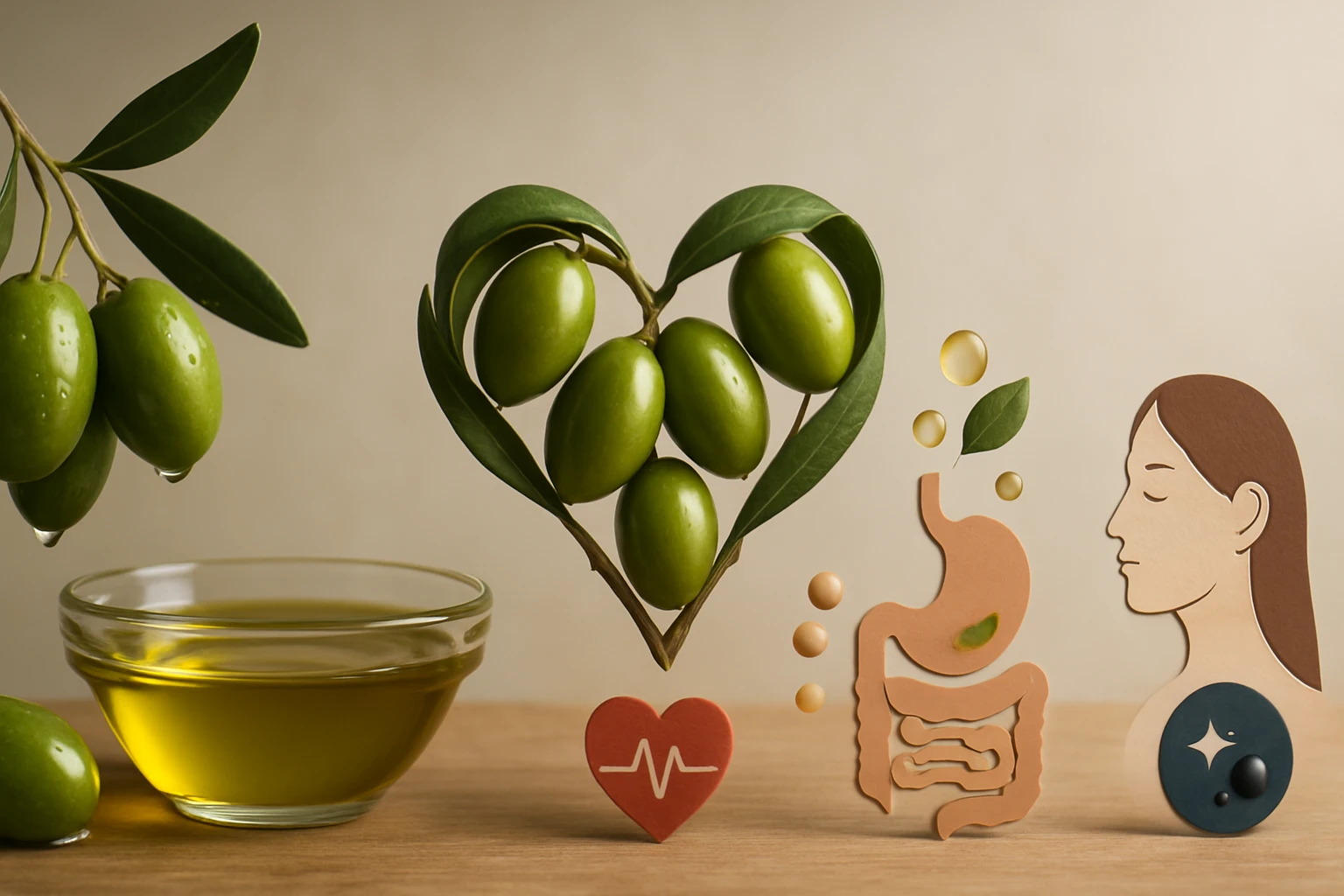 Zelené olivy a olivový olej, symbolizujúci zdravie a výživu.