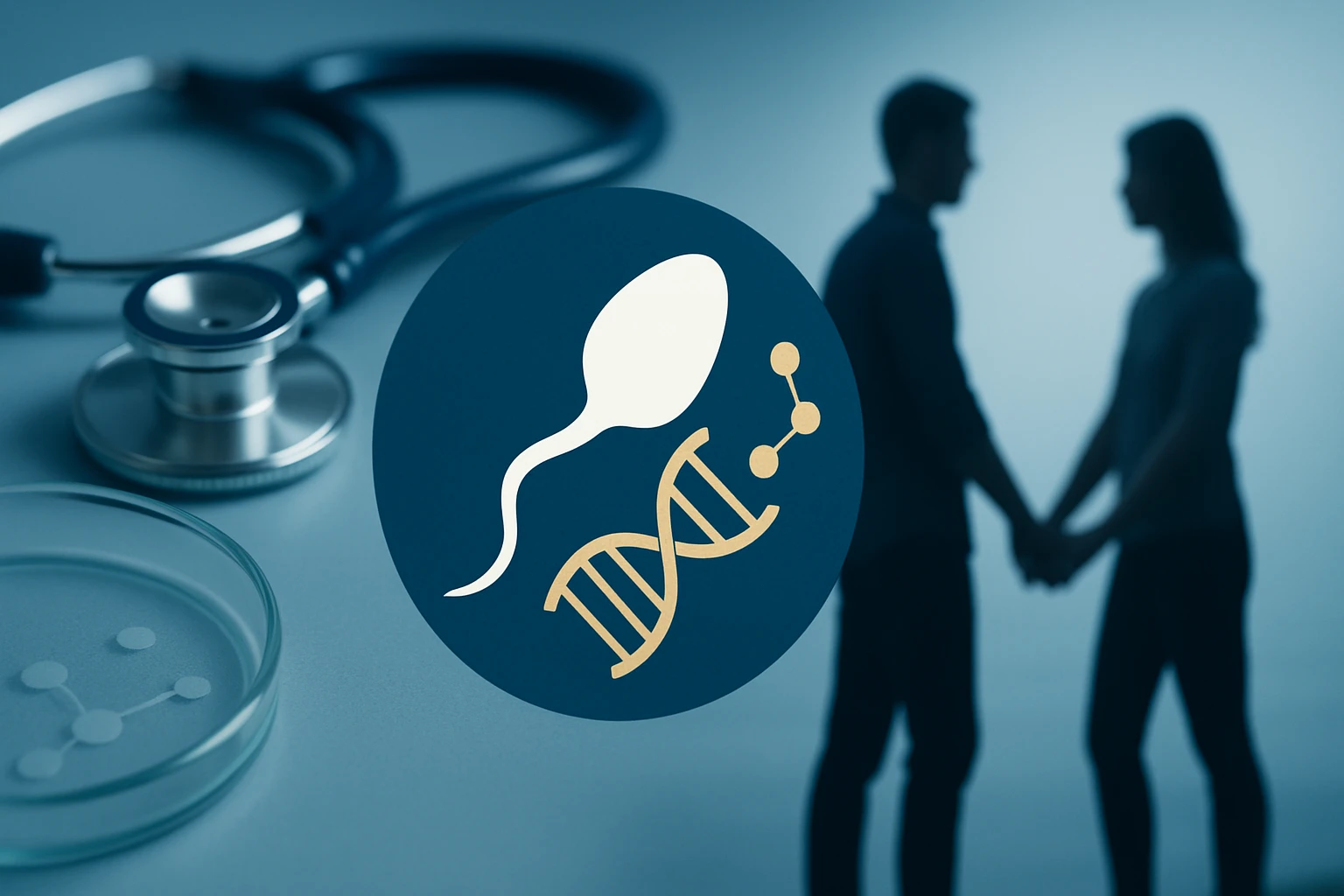 Siluety páru, ktorý sa drží za ruky, v pozadí stethoskop a symboly DNA a spermie.