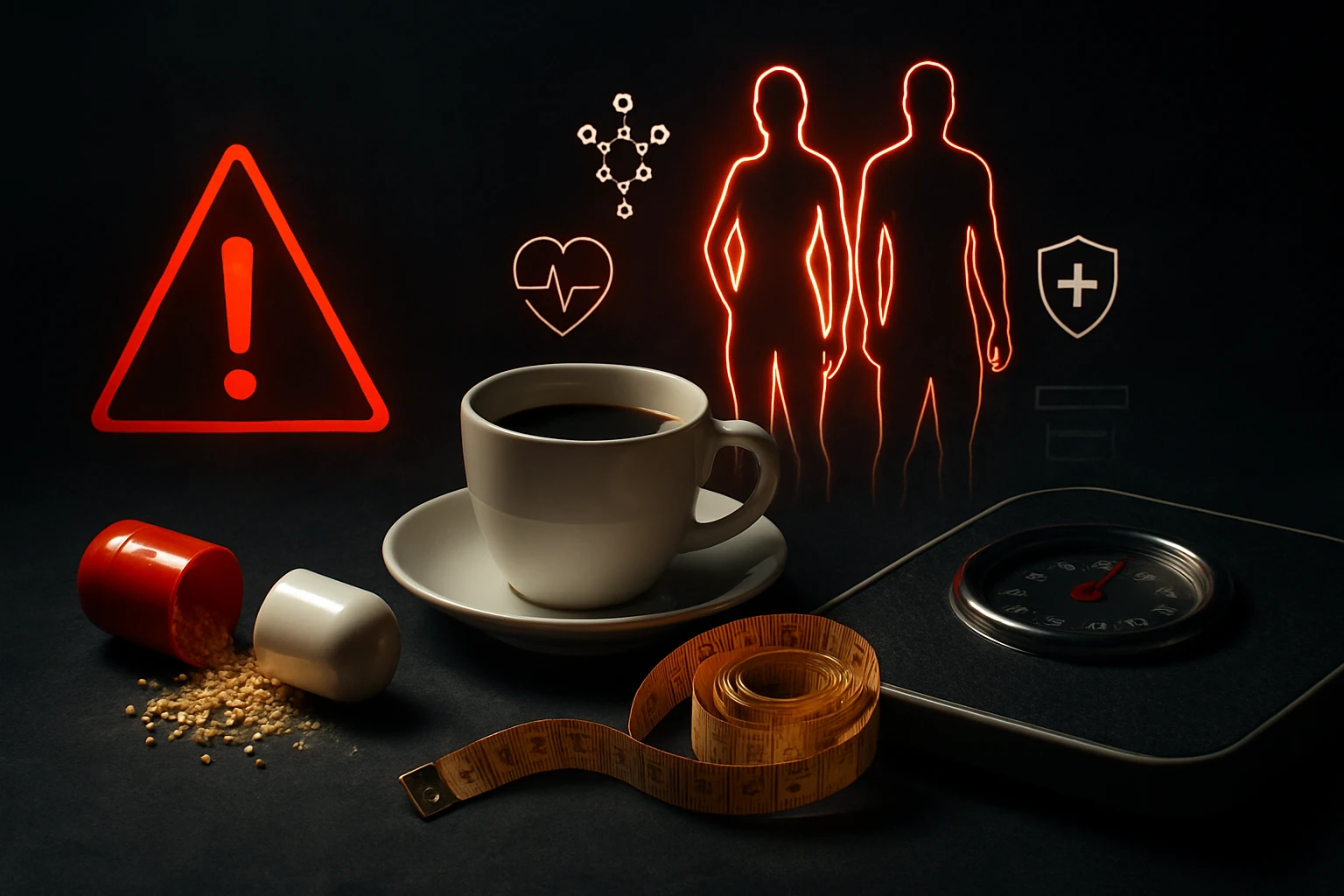 Hrnček kávy, lieky a meracie pásmo na čiernom pozadí s varovnými symbolmi.