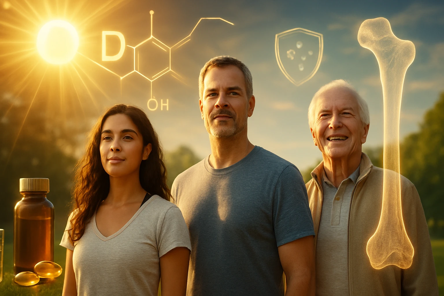 Skupina troch ľudí stojí na slnku, symbolizujú zdravie a vitamín D.