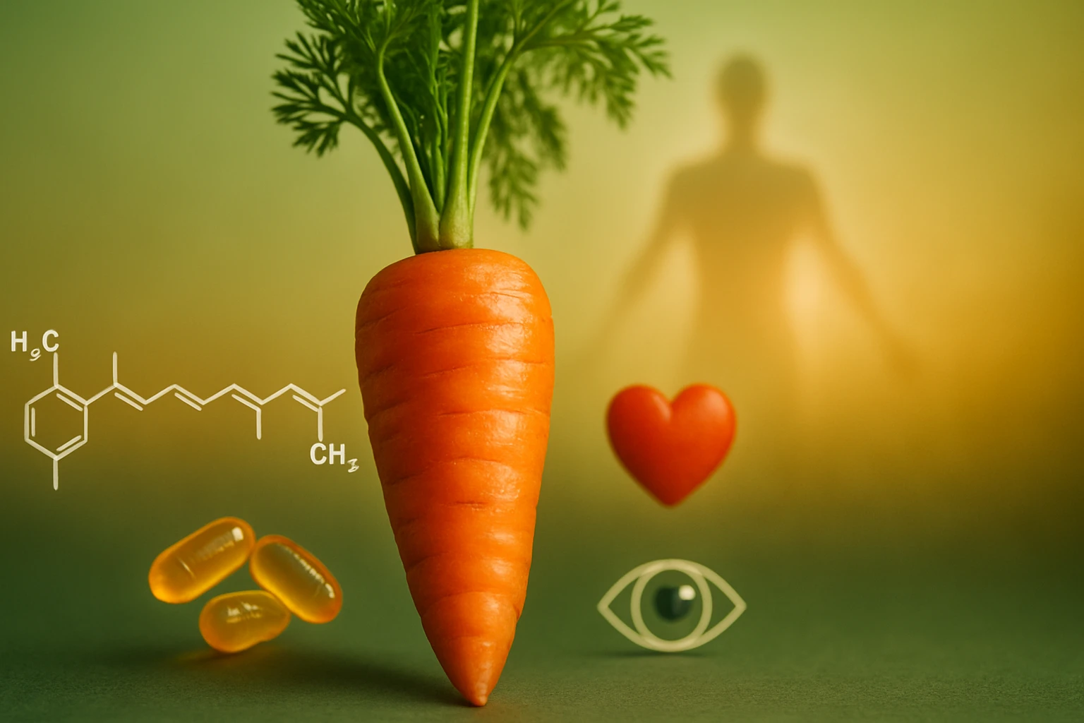 Na obrázku je mrkva, kapsule a symboly srdca a oka na pozadí.
