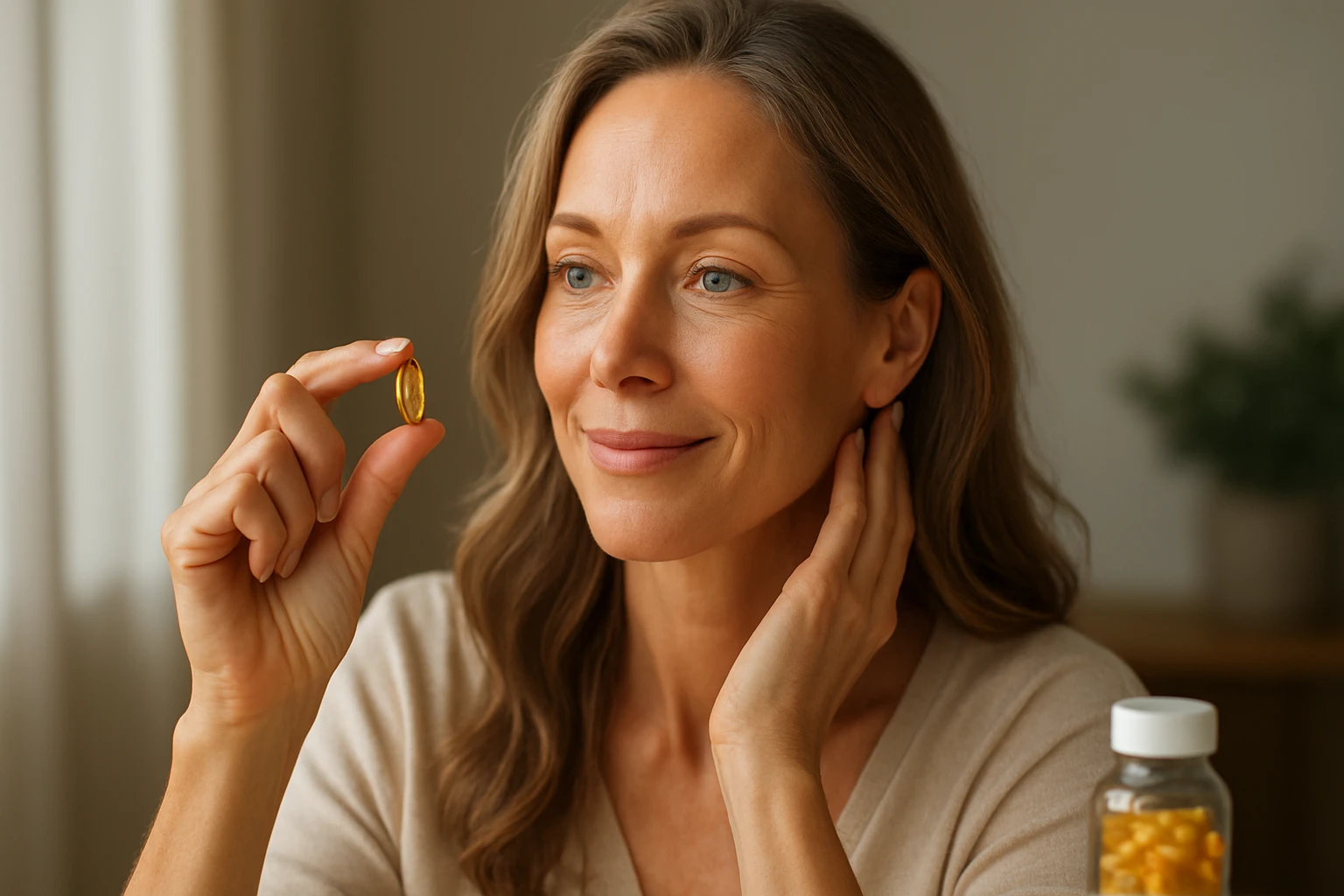 Žena s dlhými vlasmi drží zlatú kapsulu v ruke a usmieva sa.