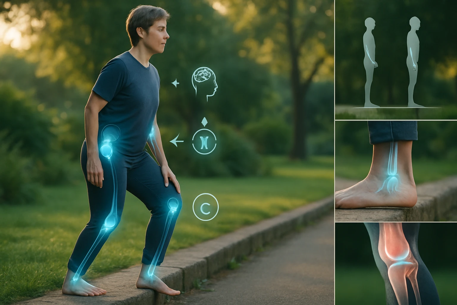 Žena stojí na chodníku, zobrazené sú jej kĺby s digitálnymi efektmi.