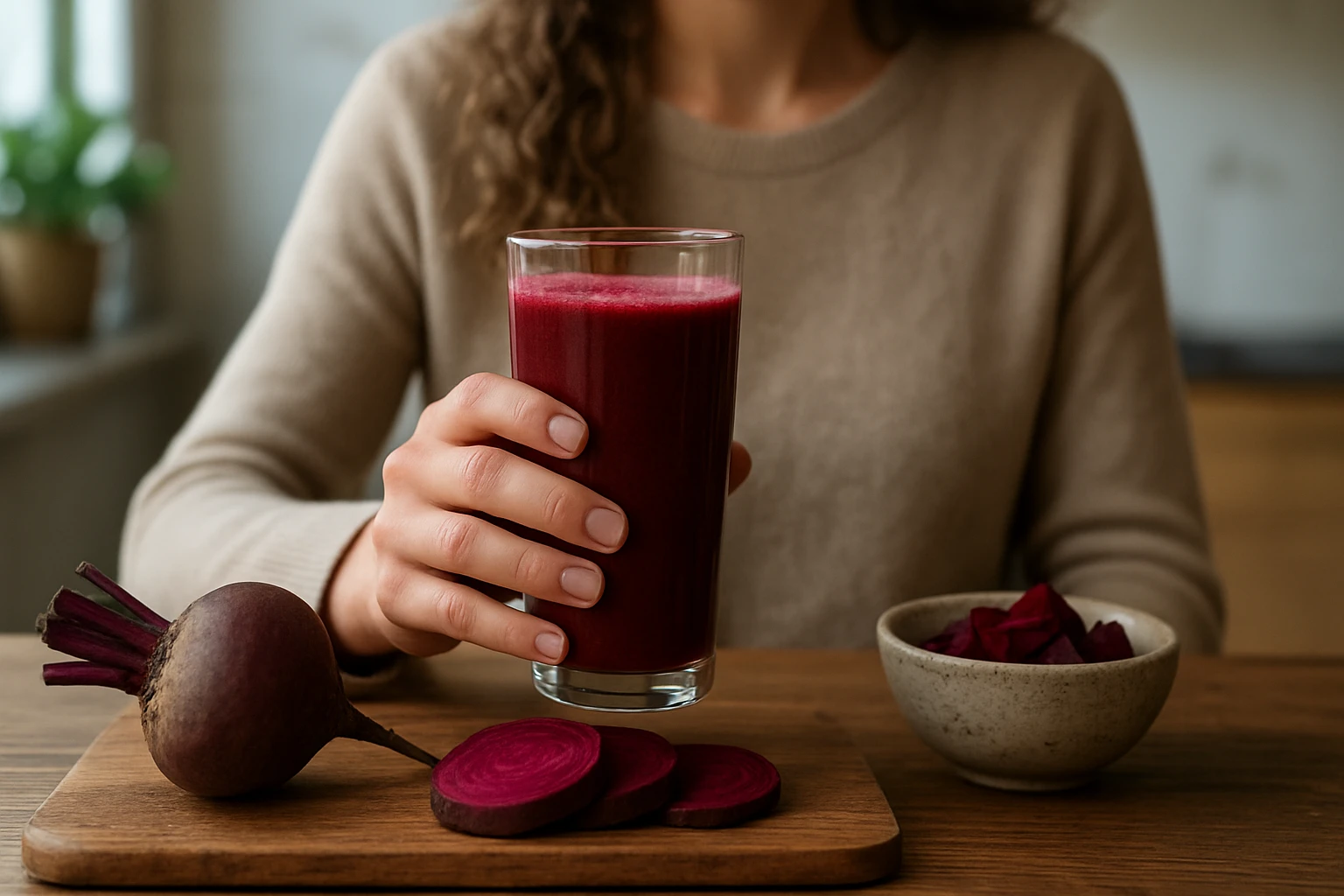 Žena drží pohár cviklového smoothie s červenou cviklou na stoloch.