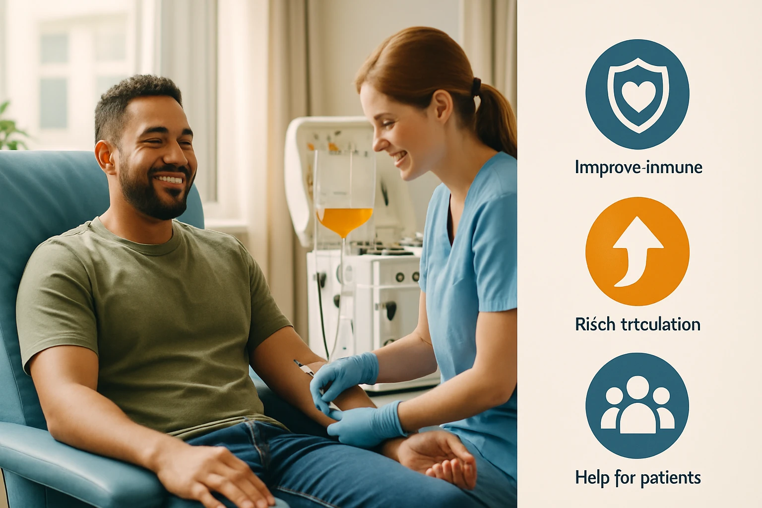 Muž sa usmieva, zatiaľ čo zdravotná sestra mu odoberá krv v klinickom prostredí.