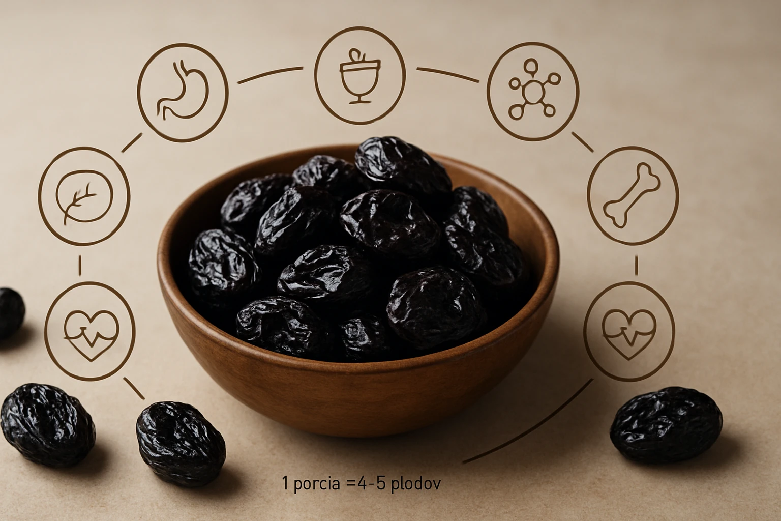 Miska s čiernymi slivkami na hnedom pozadí, okolo ikony zdravia.