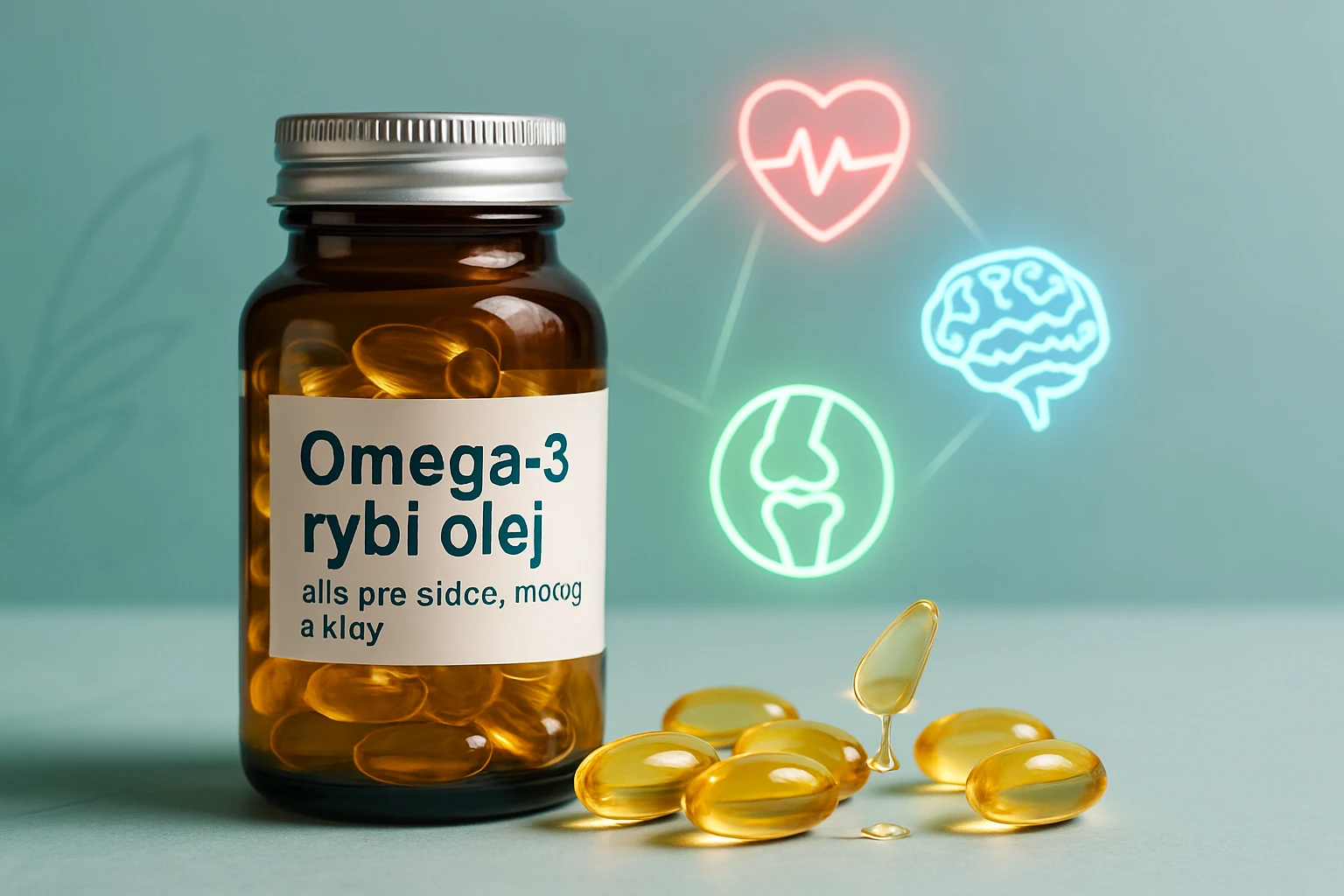 Fľaša Omega-3 rybieho oleja s kapsulami na svetlom pozadí.
