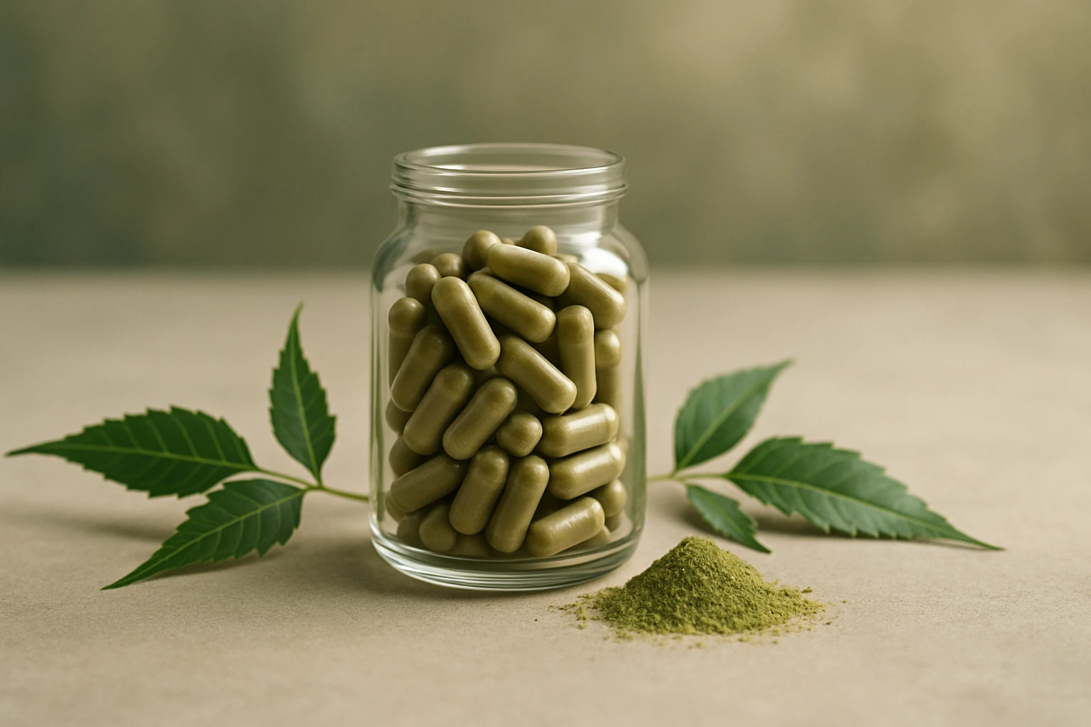 Sklenená nádoba plná zelených kapsúl a prášok na stole s listami.