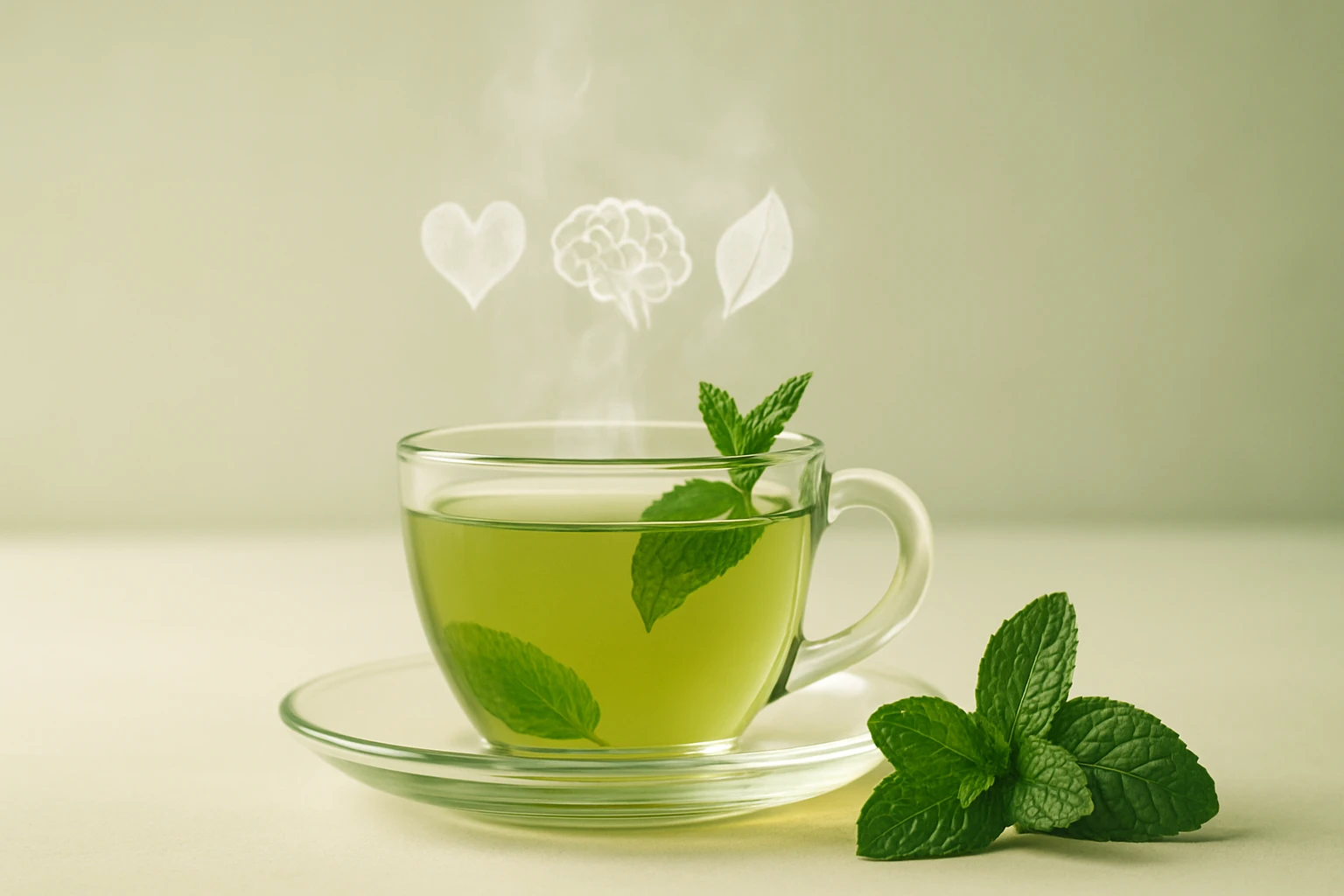 Sklenený pohár s horúcim zeleným čajom a mätou, s parou stúpajúcou nahor.