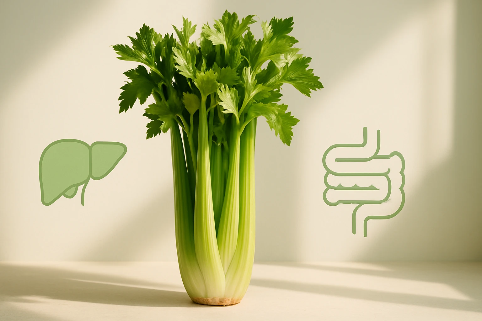 Zelený zeler v váze s ilustráciami pečene a čriev na pozadí.