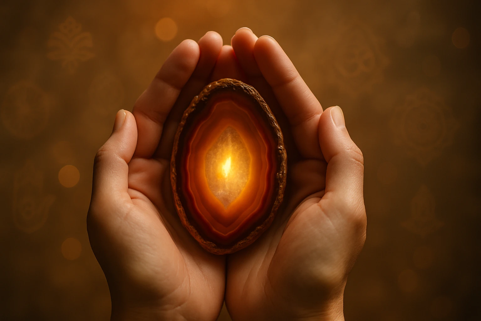 Ruky drží krásny agátový kameň so žiarivou oranžovou farbou.