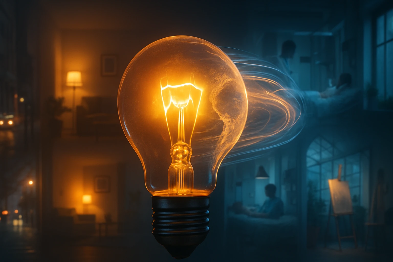 Žiarovka s teplým svetlom, v pozadí rozmazané interiéry s náznakmi života.