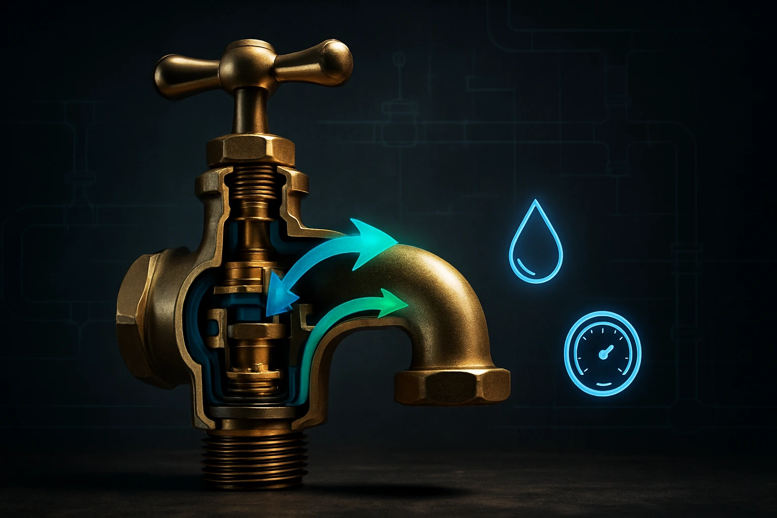 Detailný pohľad na zlatú vodovodnú batériu s vyznačeným prietokom vody.